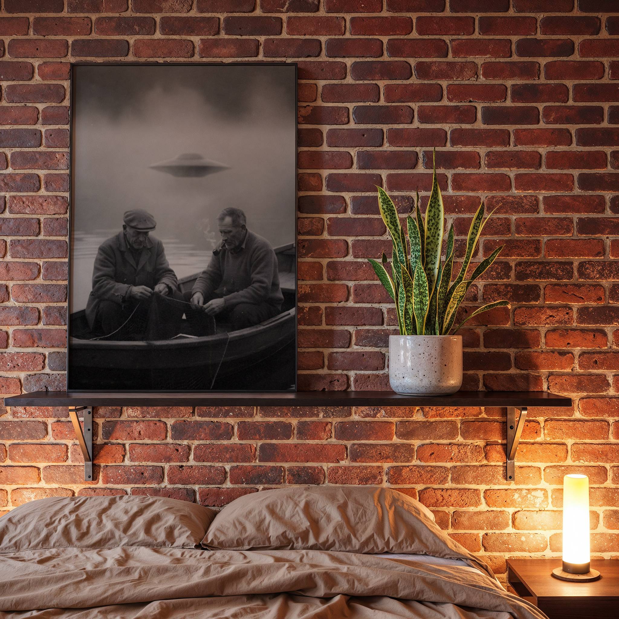 Chilling retro black and white artwork of two weathered fishermen smoking and working on nets in a wooden boat as a giant UFO hovers unnoticed in the thick mist above a still lake – unframed dark sci-fi art poster, ufoposter.com