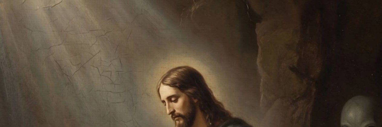 Close-up of a Renaissance-style painting depicting the Resurrection of Christ – Jesus stands beside an empty stone tomb whilst three grey extraterrestrial beings with large black eyes offer a crown of thorns, divine light rays illuminate the cave