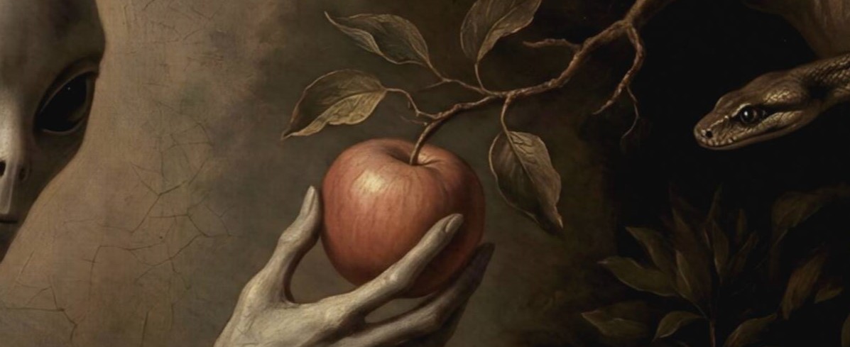 Close-up of a Renaissance-style painting depicting a grey extraterrestrial being holding the forbidden fruit – a slender grey alien with large black eyes reaches towards a red apple whilst a serpent coils through the Tree of Knowledge in the background, divine light rays illuminate the scene from the left