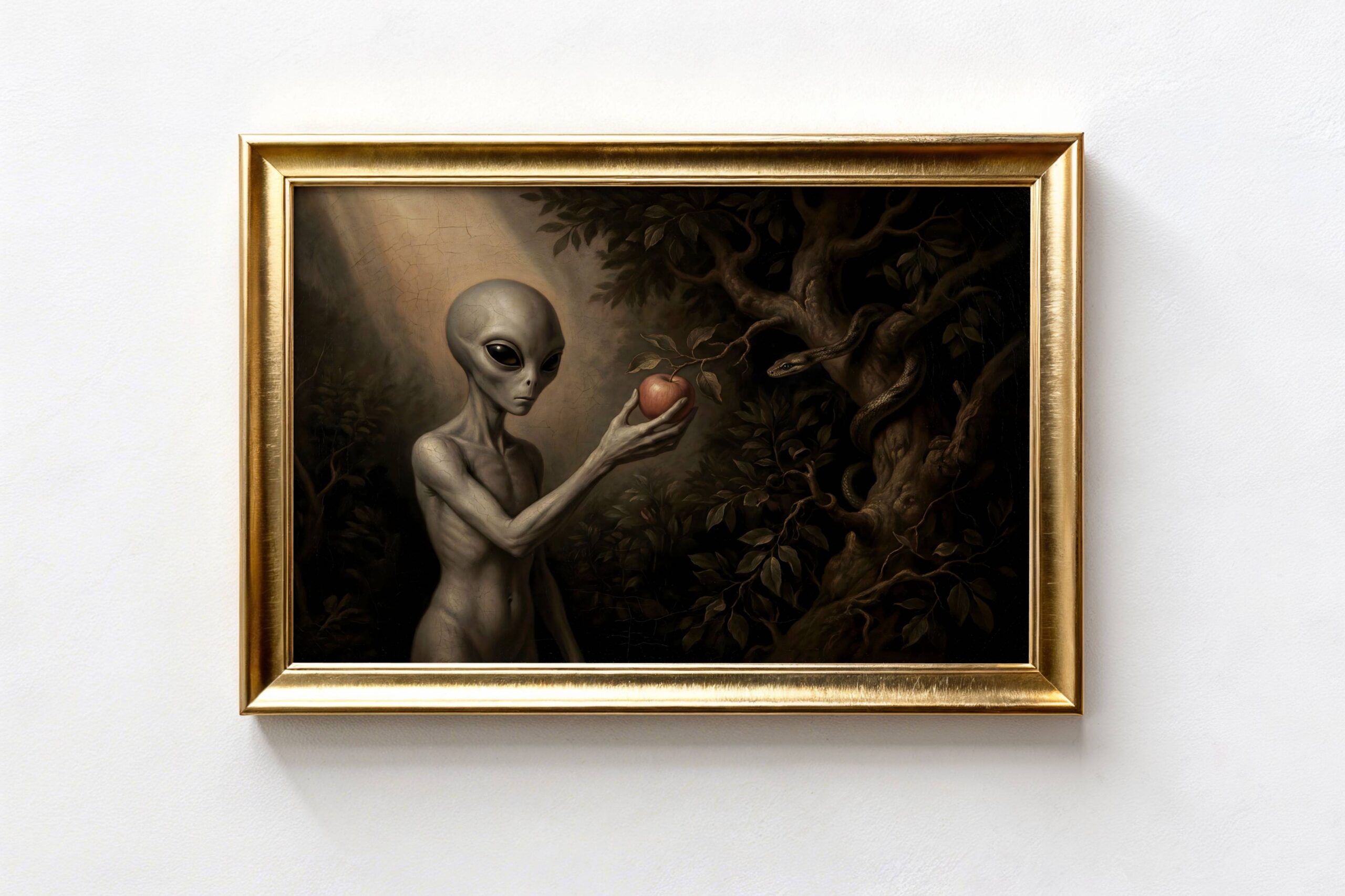Renaissance digital oil painting in a gold ornate frame depicting the temptation of Eden reimagined with a grey alien – a slender grey extraterrestrial humanoid with large black eyes and elongated fingers delicately holds a red forbidden apple, a serpent coils menacingly through the gnarled branches of the Tree of Knowledge on the right, soft divine light breaks through the dark forest from the upper left, ancient alien theory reinterpretation of the Fall of Man, cracked oil painting texture, dark atmospheric composition