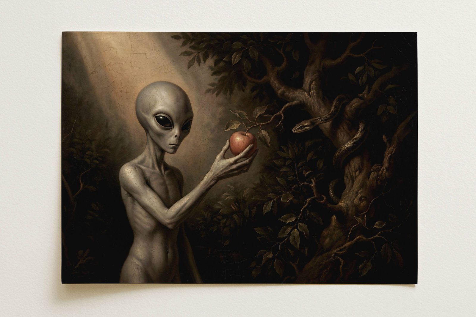 Renaissance oil painting style poster reimagining the temptation in the Garden of Eden with an extraterrestrial being – a slender naked grey alien with an elongated head holds a red apple plucked from the Tree of Knowledge, a serpent winds through the dark twisted branches to the right, ancient alien theory meets biblical original sin iconography, dark dramatic forest setting