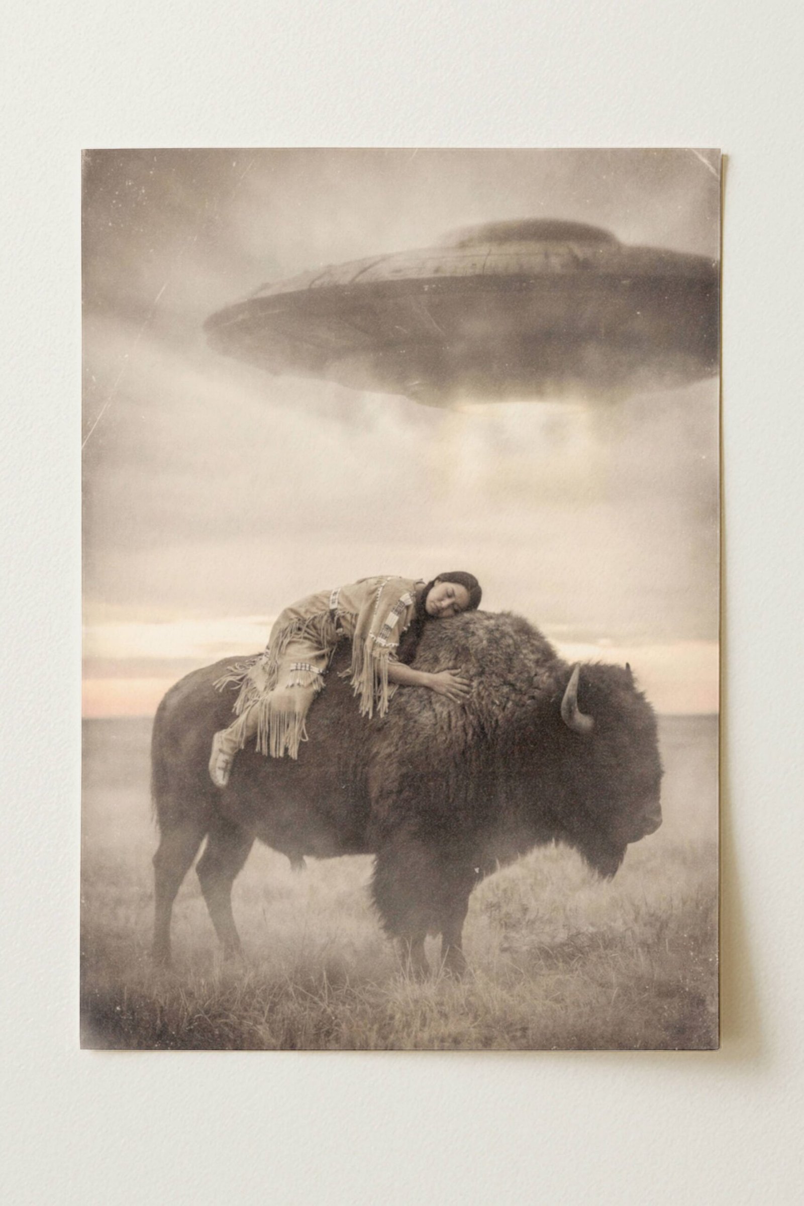 Sepia-toned fine art print photographed flat as a sheet of paper, showing a Native American woman in fringed clothing lying draped across the back of a bison on a misty prairie, resting peacefully as a large UFO hovers through hazy clouds above in a warm glowing sky. The flat lay highlights the vintage aged texture, warm tonal tones and fine detail of this surreal Western art poster printed on premium matte paper.
