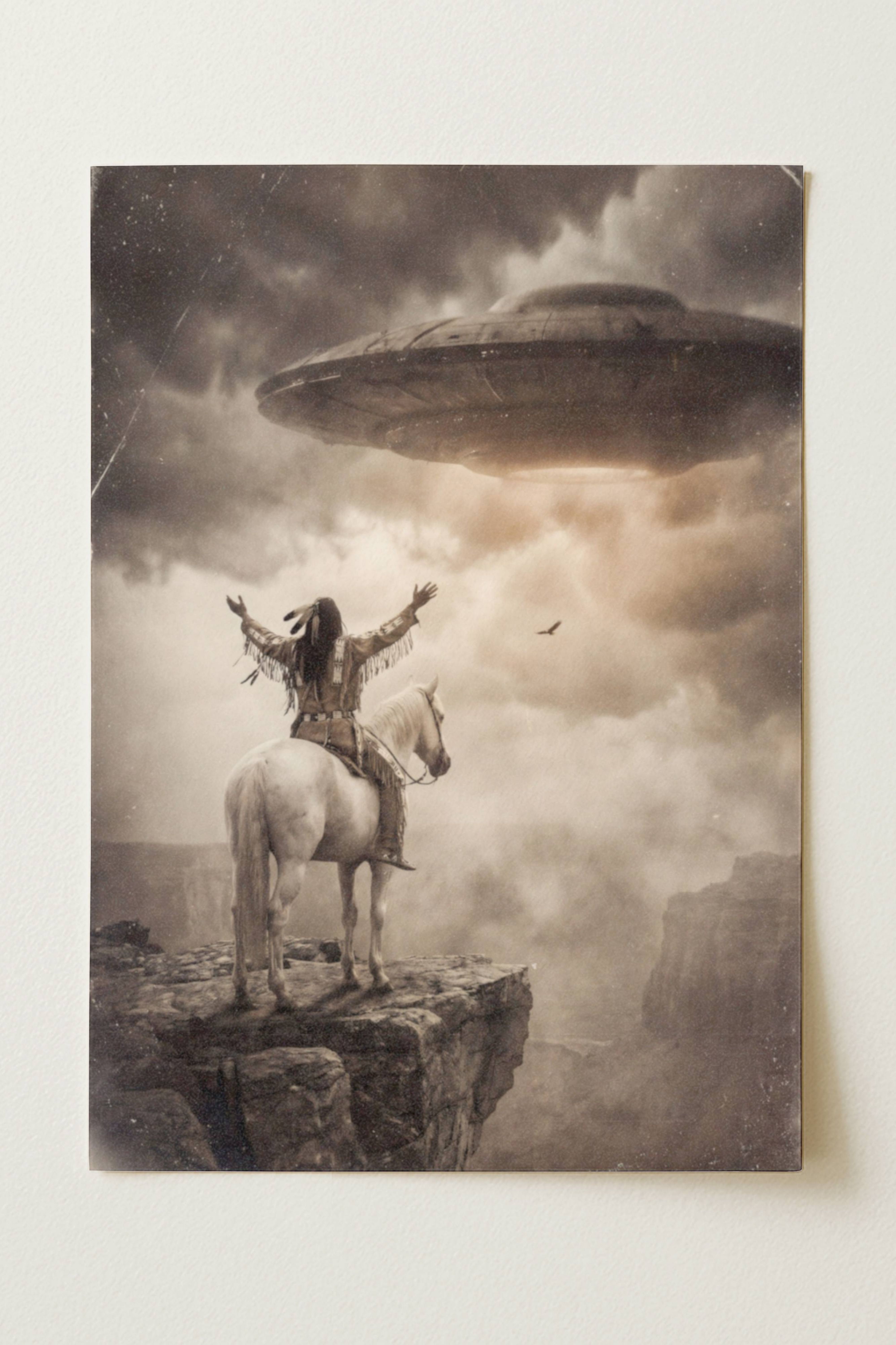 Sepia-toned fine art print photographed flat as a sheet of paper, showing a Native American warrior on horseback on a rocky canyon cliff edge, arms outstretched toward a massive glowing UFO breaking through dramatic storm clouds above a misty canyon landscape, with an eagle visible in the swirling haze. The flat lay highlights the vintage aged texture, warm tonal tones and fine detail of this surreal Western art poster printed on premium matte paper.
