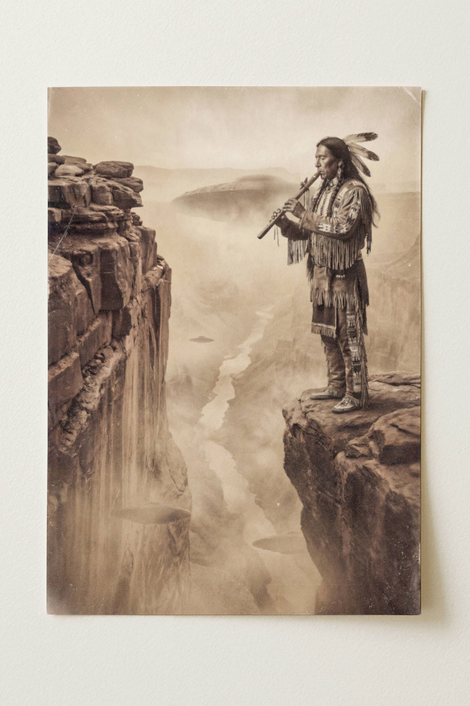 Sepia-toned fine art print photographed flat as a sheet of paper, showing a Native American man in traditional ceremonial dress playing a flute on the edge of a towering canyon cliff, with UFO spacecraft partially visible in the misty depths of the valley below. The flat lay highlights the vintage aged texture, warm tonal tones and fine detail of this surreal Western art poster printed on premium matte paper.