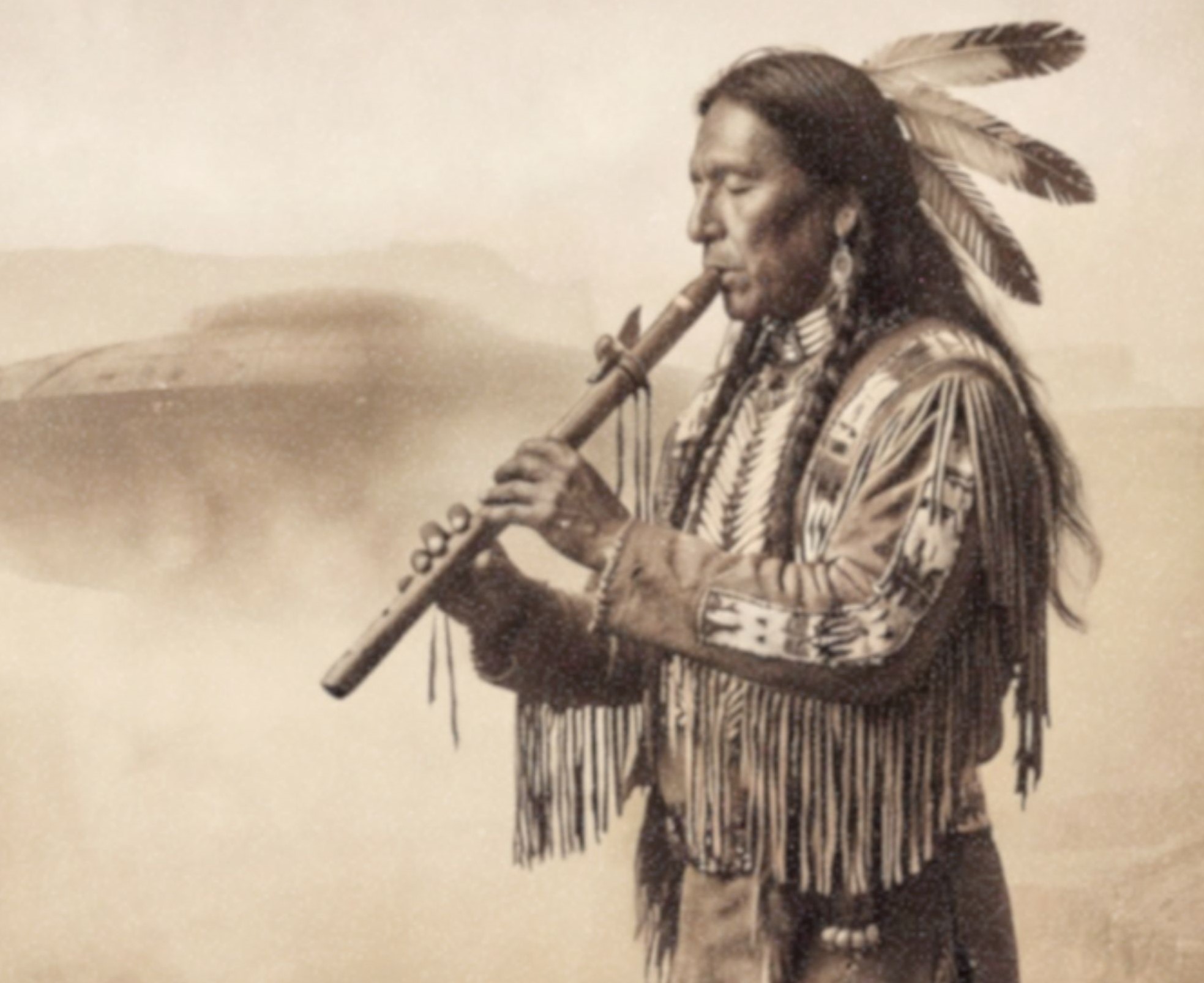 Close-up detail of a sepia-toned fine art print showing a Native American man in an intricately detailed feathered headdress and fringed beaded traditional clothing, standing on a rocky canyon cliff edge playing a flute as misty canyon depths and partially visible UFO spacecraft fill the dramatic landscape below and behind him, revealing the rich aged texture and warm vintage tones of this surreal Western art print.