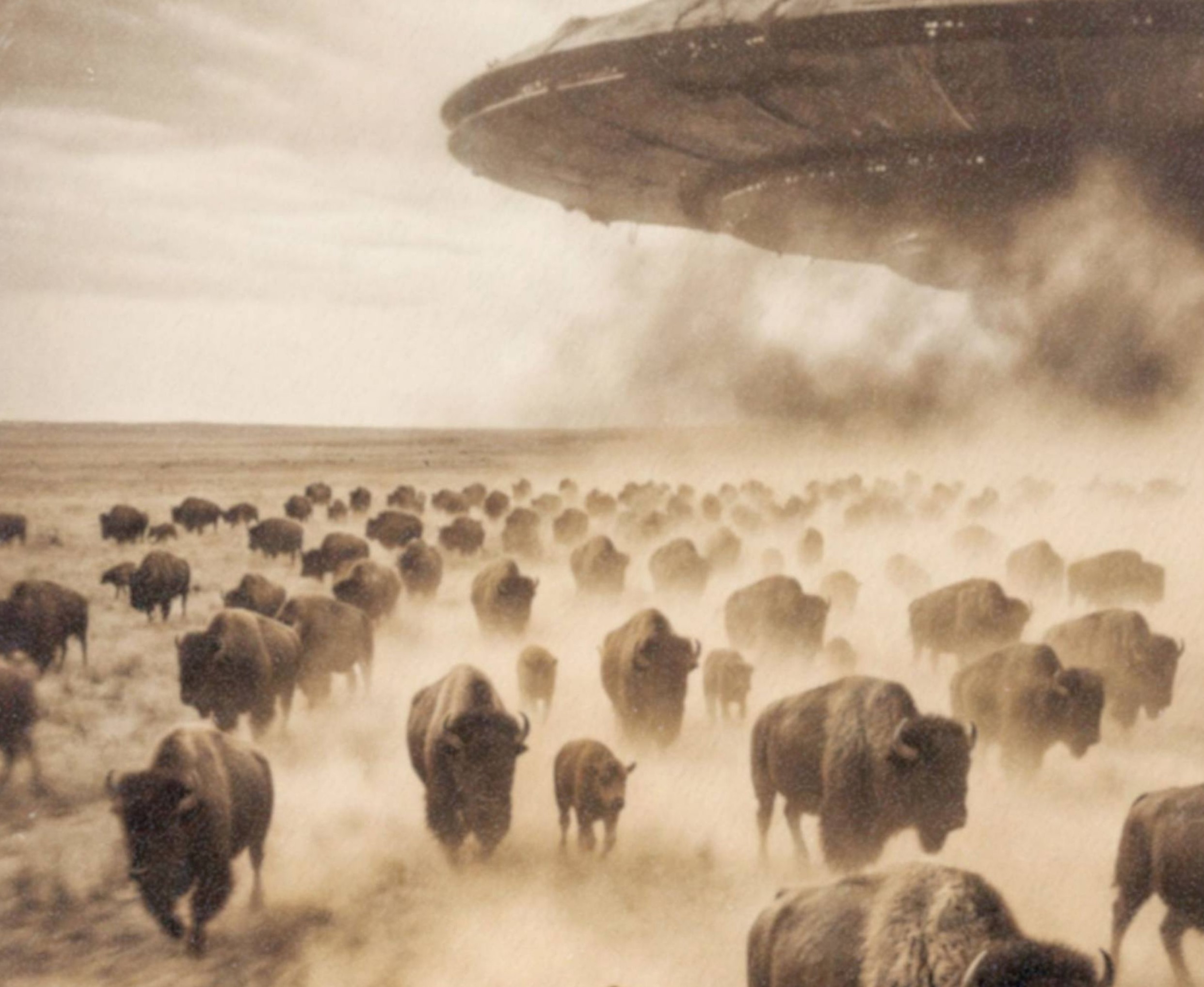 Close-up detail of a sepia-toned fine art print showing bison in motion across a dusty open prairie, with clouds of dust rising around the stampeding herd and a massive UFO spacecraft descending through smoke and storm clouds in the background, revealing the rich aged texture and warm vintage tones of this surreal Western art print.
