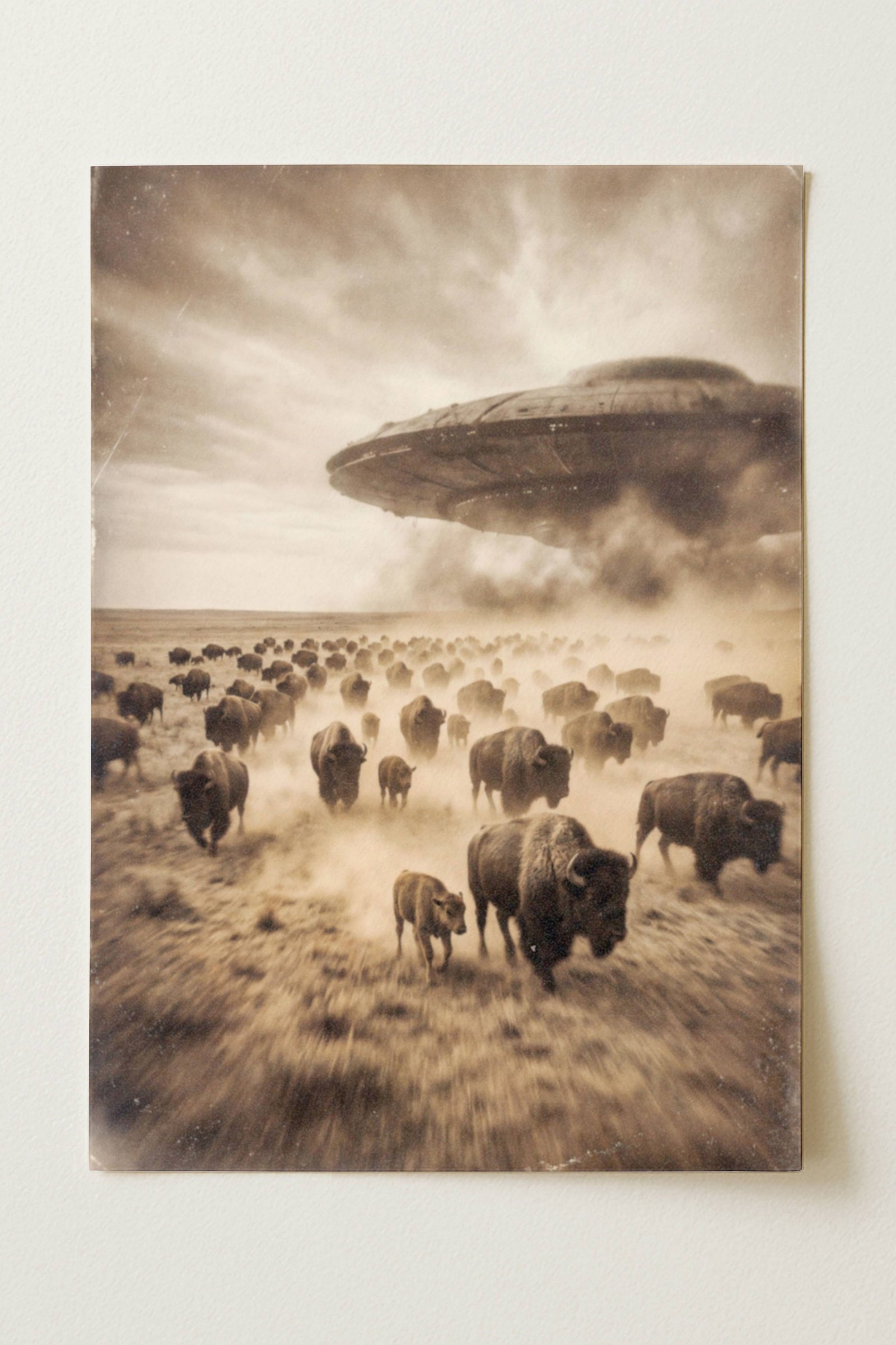 Sepia-toned fine art print photographed flat as a sheet of paper, showing a stampeding herd of bison charging across a dusty prairie beneath a massive low-flying UFO emerging from storm clouds and smoke. The flat lay highlights the vintage aged texture, warm tonal tones and fine detail of this surreal Western art poster printed on premium matte paper.