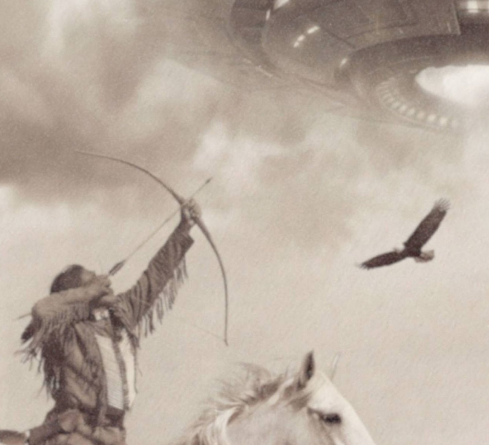 Close-up detail of a sepia-toned fine art print showing a Native American warrior on a rearing white horse with bow drawn, aiming toward a massive illuminated UFO breaking through storm clouds above a dusty prairie, with an eagle in flight visible beside him, revealing the rich aged texture and warm vintage tones of this surreal Western art print.