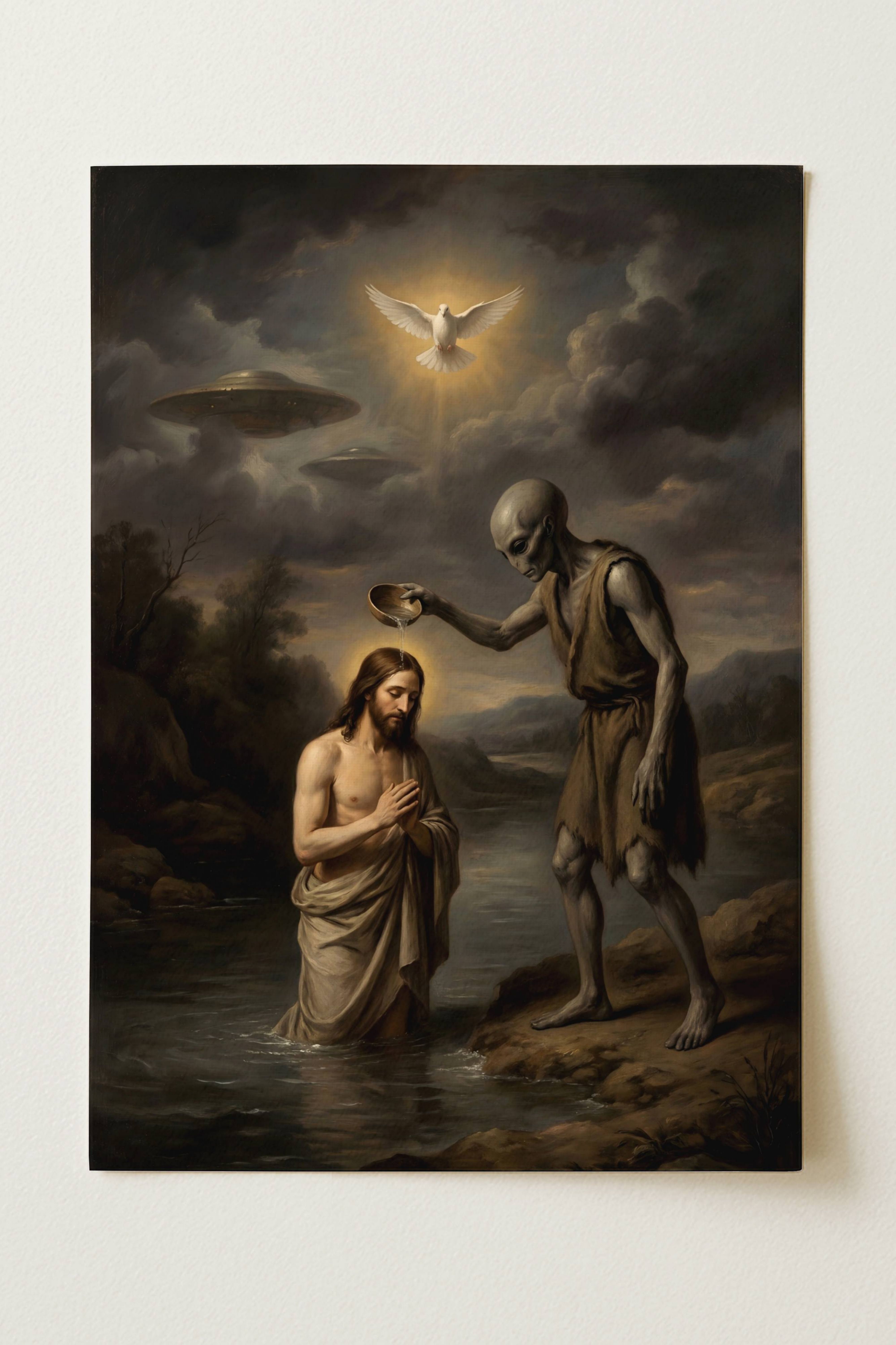 Renaissance oil painting style poster reimagining the Baptism of Christ with extraterrestrial intervention – a tall emaciated grey alien performs the baptism ritual pouring water from a bowl over Jesus kneeling in a river, a radiant white dove descends from above whilst two metallic flying saucers hover amongst dramatic dark storm clouds, ancient alien theory reinterpretation of the Baptism of Christ, dark atmospheric river landscape setting