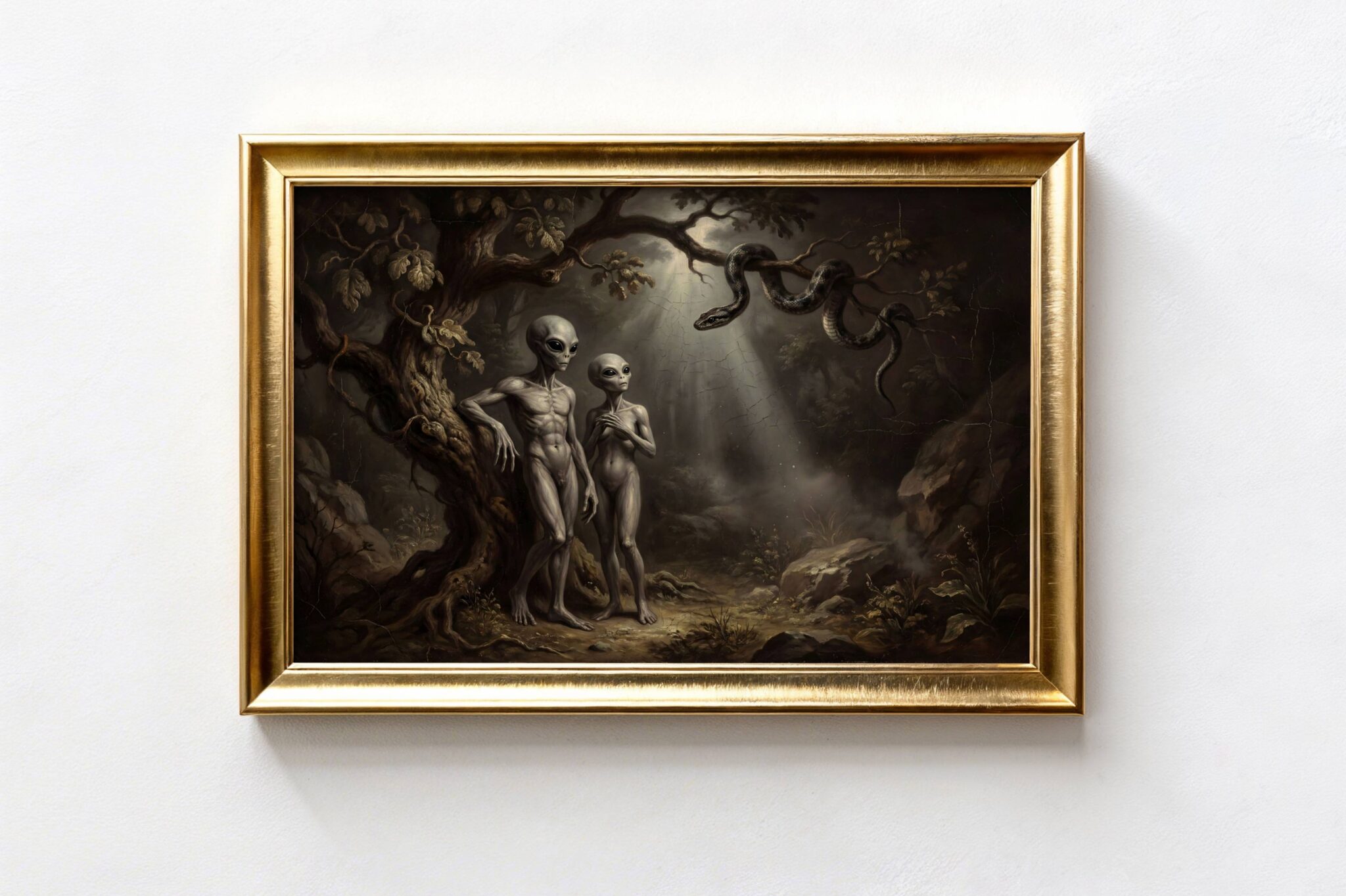 Renaissance digital oil painting in a gold ornate frame depicting the Garden of Eden with grey aliens as Adam and Eve – two slender grey extraterrestrial beings with elongated heads and large black eyes stand beside a twisted ancient tree in a dark dense forest, a serpent winds through the overhanging branches, rays of otherworldly light break through the canopy, ancient alien theory reimagining of human origins, cracked oil painting texture, dark dramatic composition