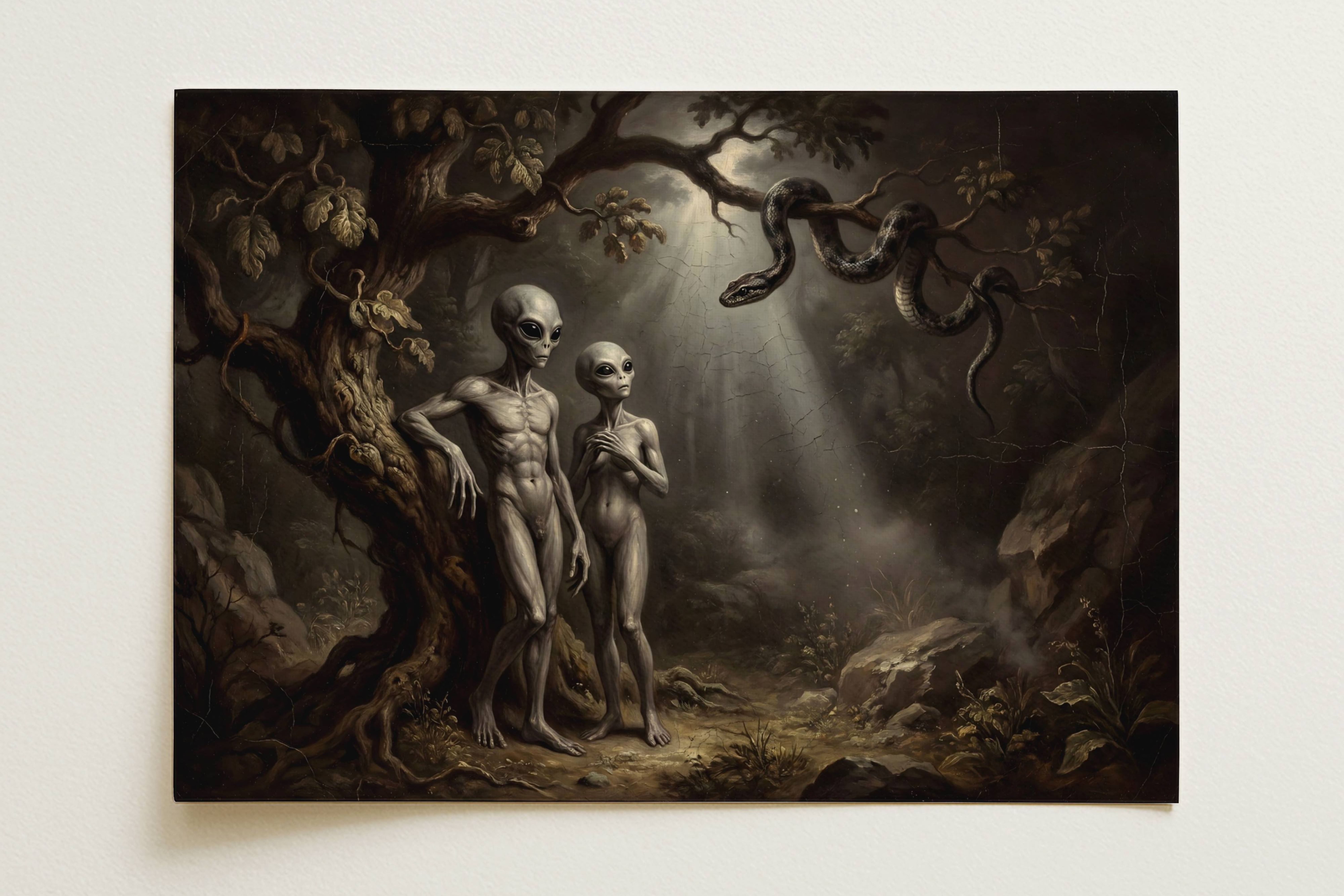 Renaissance oil painting style poster depicting Adam and Eve reimagined as grey extraterrestrial humanoids – two slender naked grey aliens stand in a dark mystical forest beside an ancient gnarled tree, a large serpent coils menacingly through the branches overhead, soft divine light beams illuminate the scene, ancient alien theory meets biblical Garden of Eden iconography