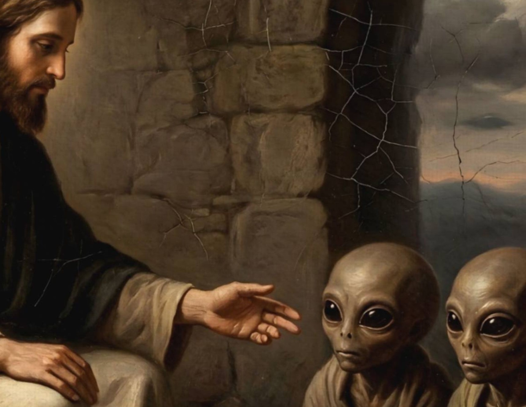 Close-up of a Renaissance-style painting depicting Jesus reaching out to three small grey extraterrestrial beings – Christ sits on a wooden stool gesturing openly towards three young grey aliens with large black eyes seated on the ground, stone wall setting with a flying saucer visible through an arched window