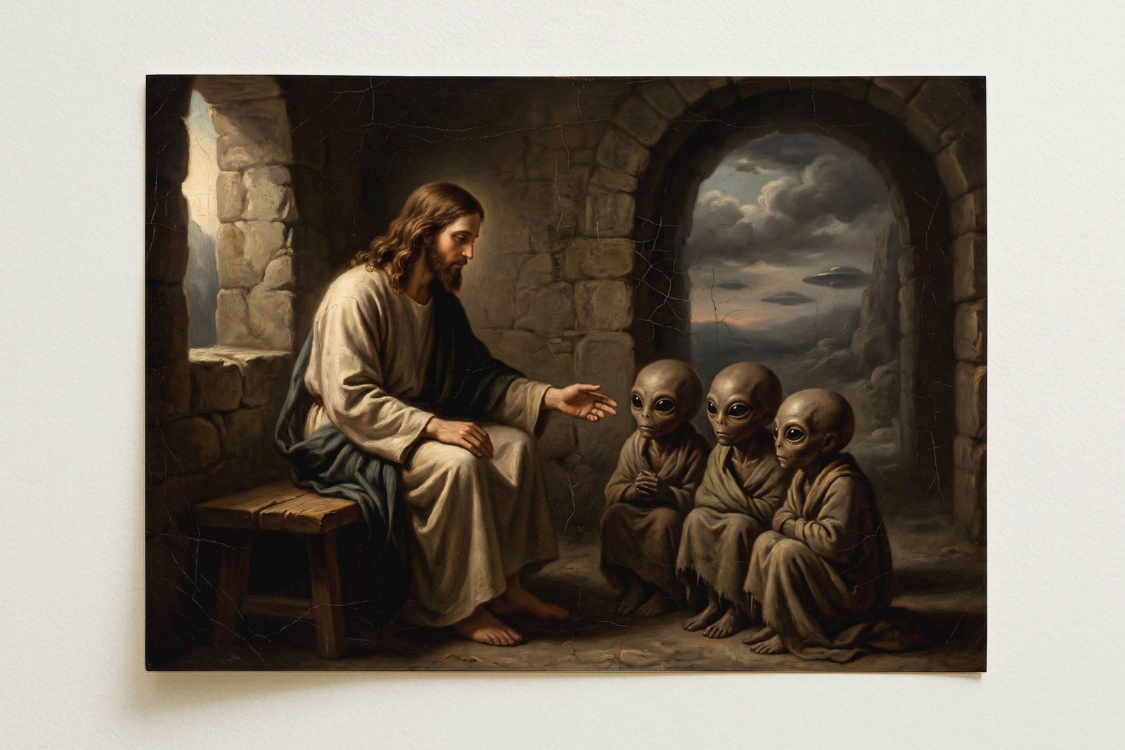 Renaissance oil painting style poster reimagining Christ teaching the children with young extraterrestrial beings – Jesus in white and blue robes sits on a wooden stool extending his hand towards three small grey aliens huddled together on a stone floor, a UFO flying saucer floats in the cloudy sky visible through a stone arched window, ancient alien theory meets New Testament iconography