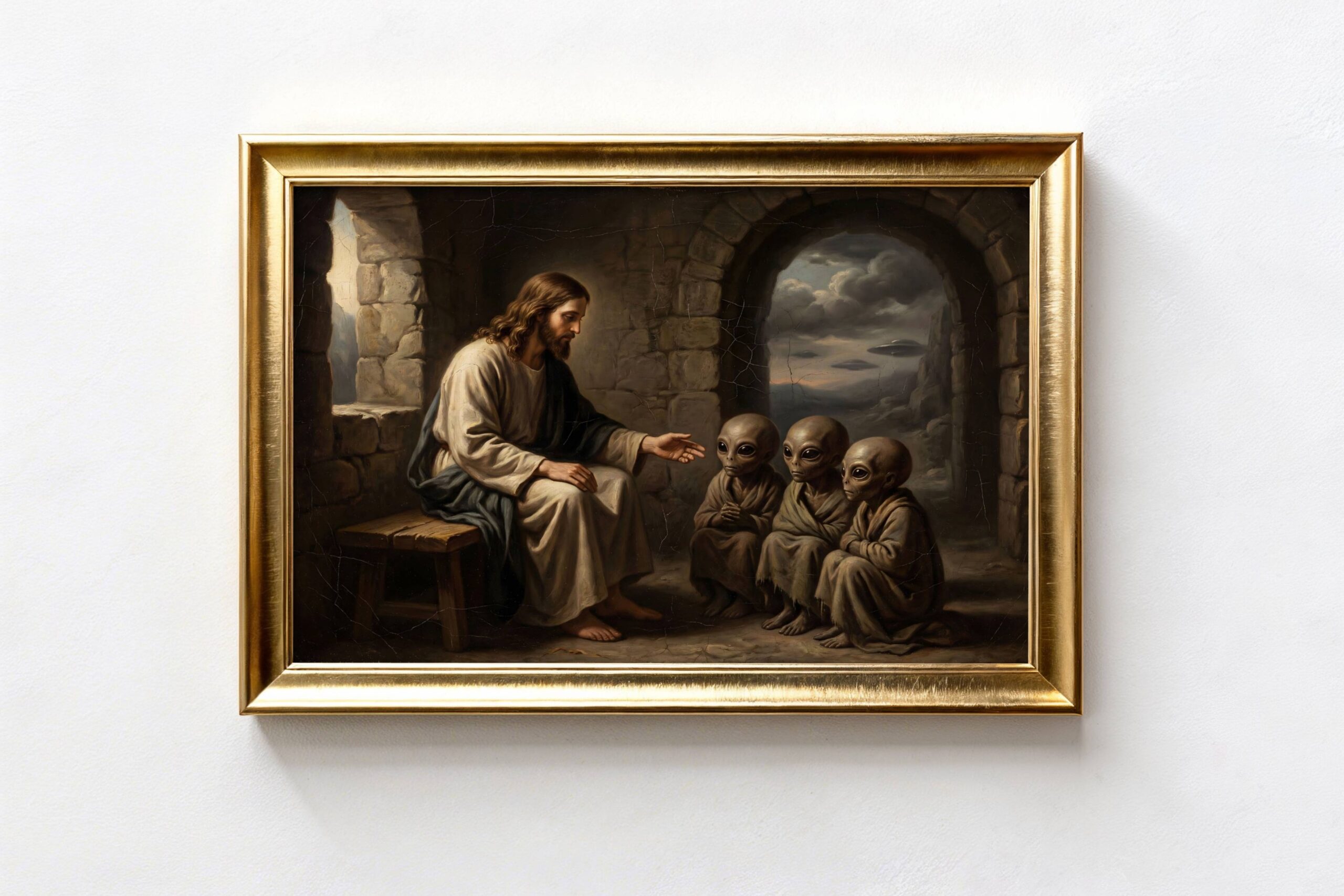 Renaissance digital oil painting in a gold ornate frame depicting Christ in conversation with three young grey extraterrestrial beings – Jesus with long brown hair sits on a simple wooden stool in a stone chamber reaching out with an open hand towards three small grey aliens with large dark eyes and elongated heads seated attentively on the ground, a metallic flying saucer hovers in stormy skies beyond a stone archway, ancient alien theory reinterpretation of Christ teaching the children, cracked oil painting texture, warm intimate composition