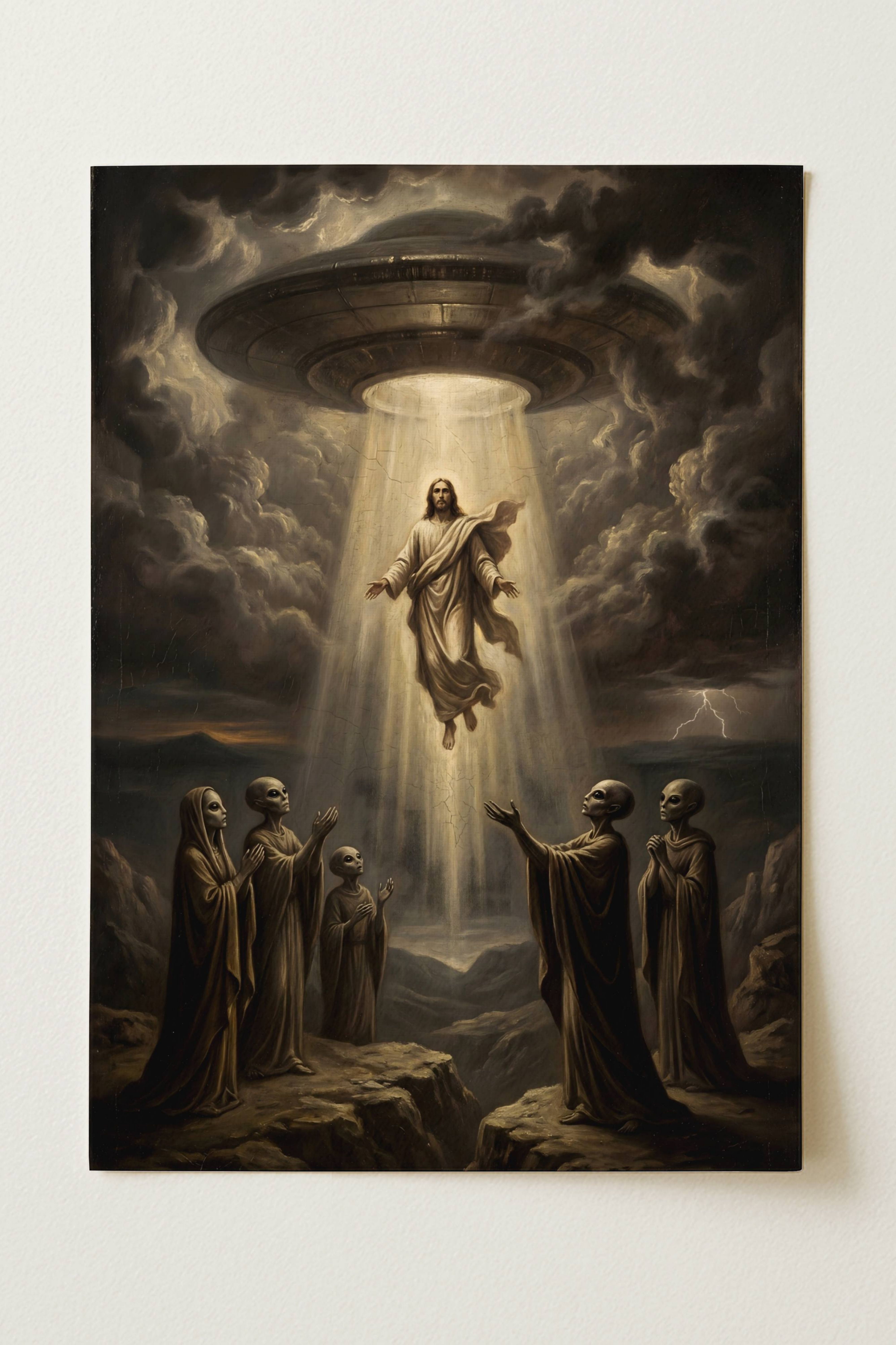 Renaissance oil painting style poster reimagining the Ascension of Christ as an extraterrestrial abduction event – Jesus in white robes floats upwards within a radiant UFO traction beam cast by a hovering flying saucer, five grey aliens including one smaller figure gesture upwards in reverence from a rocky landscape below, dramatic storm clouds and lightning surround the scene, ancient alien theory meets New Testament iconography