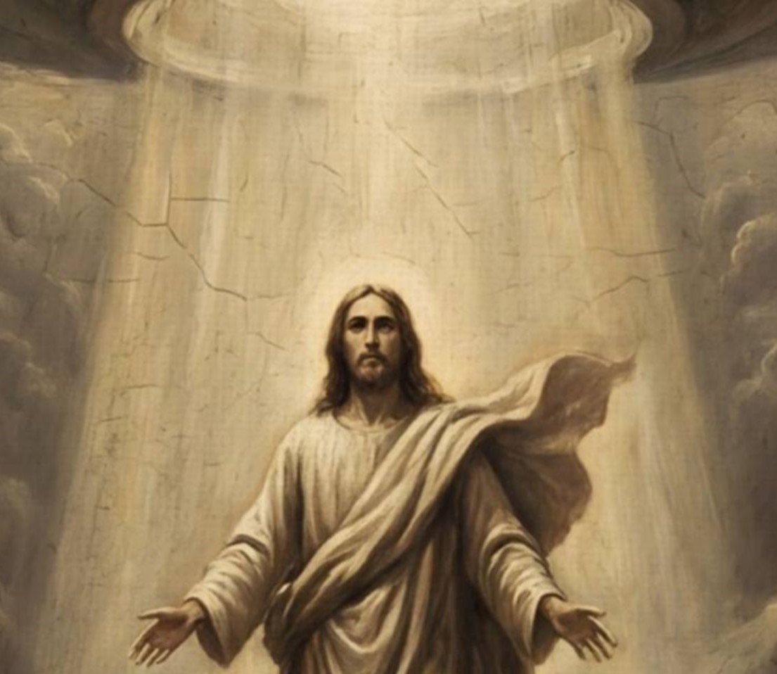 Close-up of a Renaissance-style painting depicting the Ascension of Christ via UFO traction beam – Jesus levitates with arms outstretched within a powerful beam of light emitted by a large metallic flying saucer whilst five grey extraterrestrial beings in robes reach upwards in awe below, lightning strikes in the stormy sky