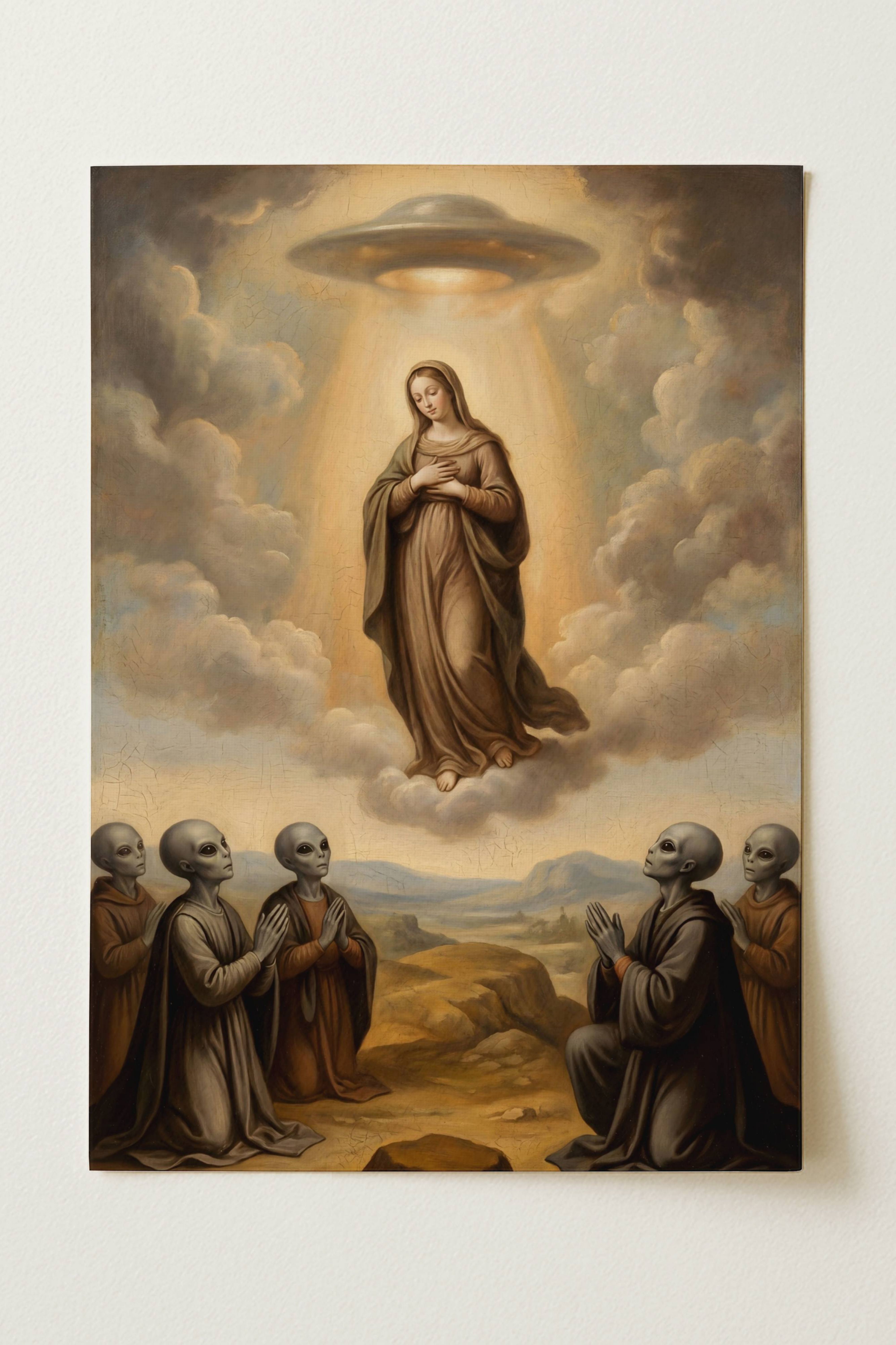Renaissance oil painting style poster depicting the Assumption of the Virgin Mary as an extraterrestrial abduction event – the Virgin Mary levitates within a radiant golden beam cast downwards by a large metallic flying saucer, four grey aliens with elongated heads kneel with hands raised in prayer, dramatic dark stormy sky, ancient alien theory meets classical Marian iconography, warm chiaroscuro lighting