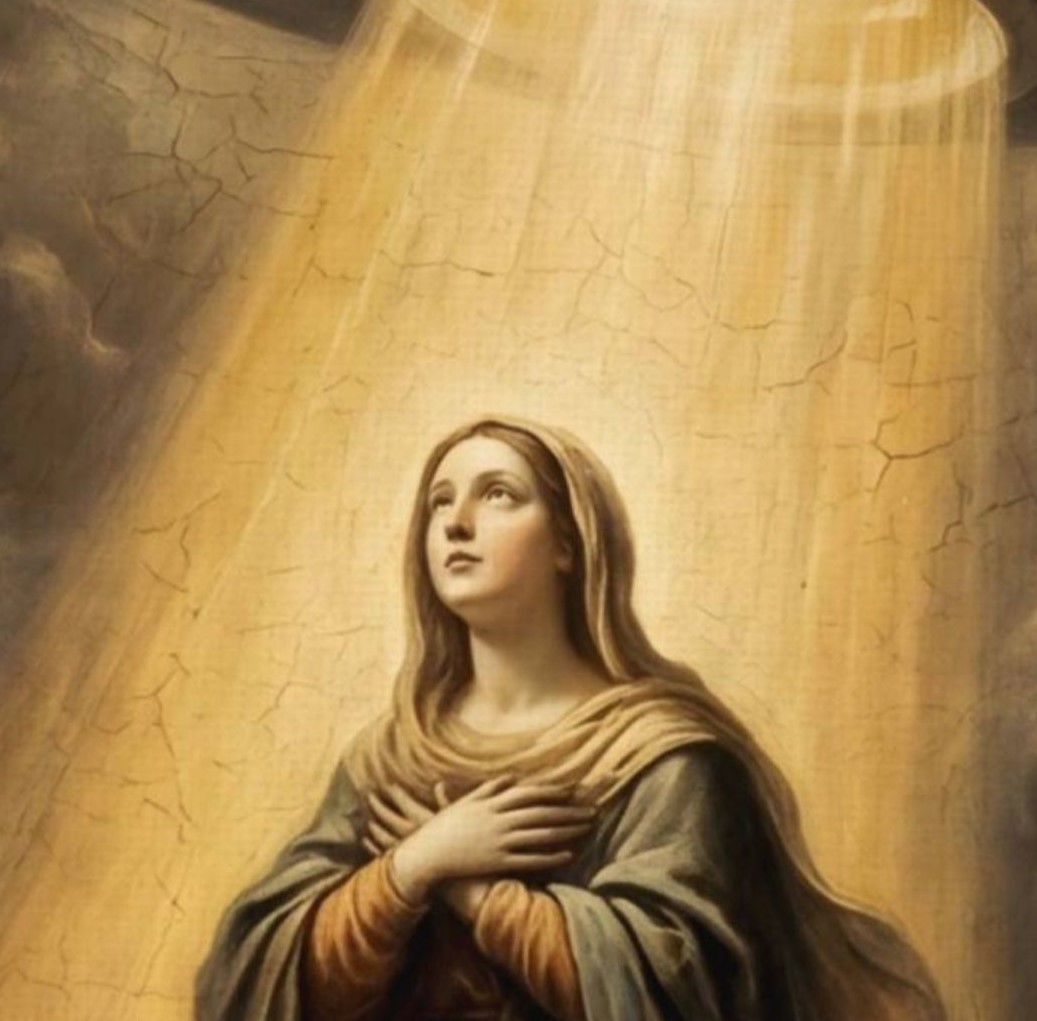 Close-up of a Renaissance-style painting depicting the Assumption of the Virgin Mary illuminated by a UFO traction beam – the Virgin floats upwards in golden light whilst four grey extraterrestrial beings kneel in worship below, a large metallic flying saucer hovers above in dramatic storm clouds