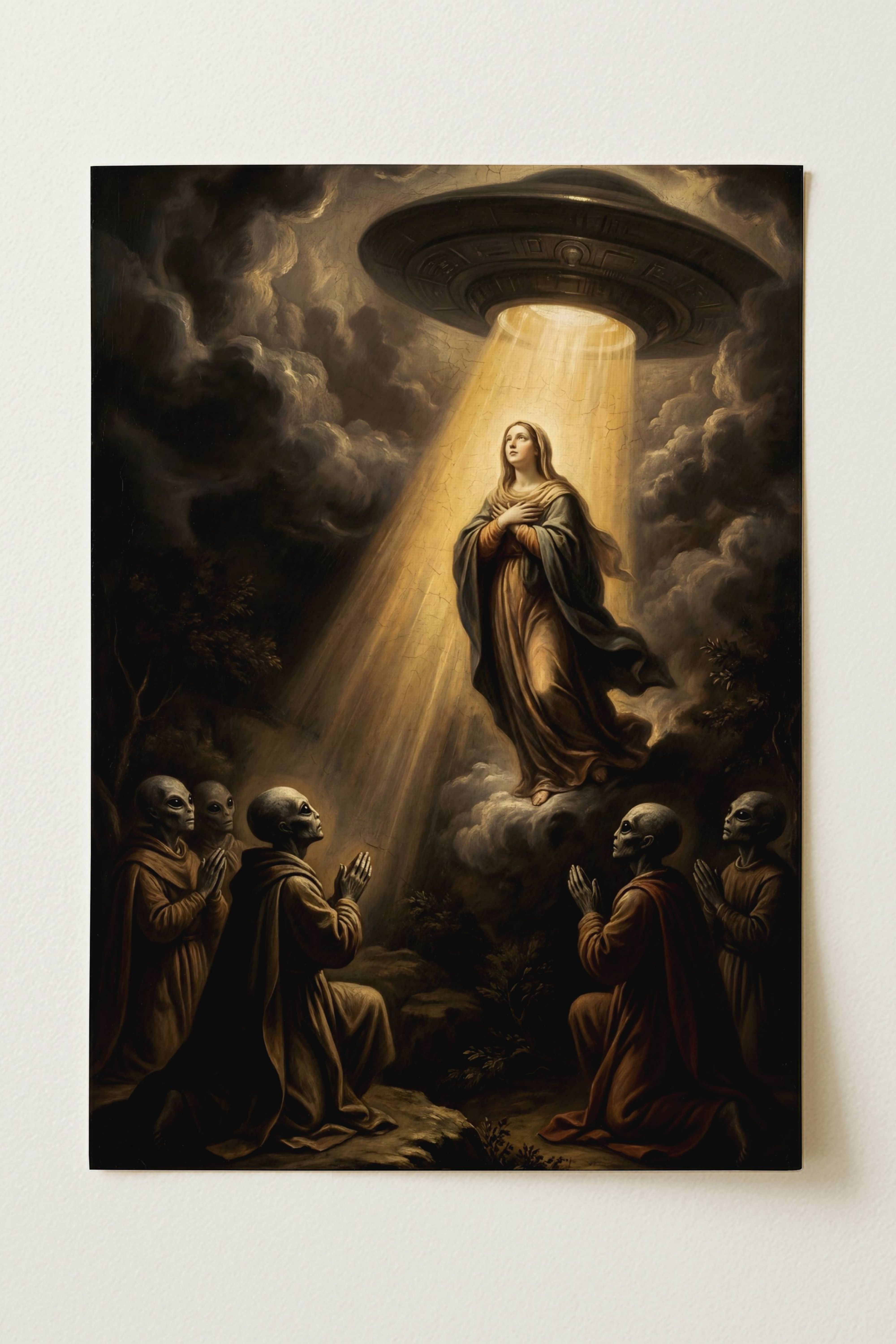 Renaissance oil painting style poster reimagining the Assumption of the Virgin Mary with extraterrestrial intervention – the Virgin Mary levitates in a powerful golden beam emitted by a hovering flying saucer, four grey aliens in robes kneel with hands clasped in prayer below her, dark stormy skies surround the scene, ancient alien theory meets Marian apparition iconography