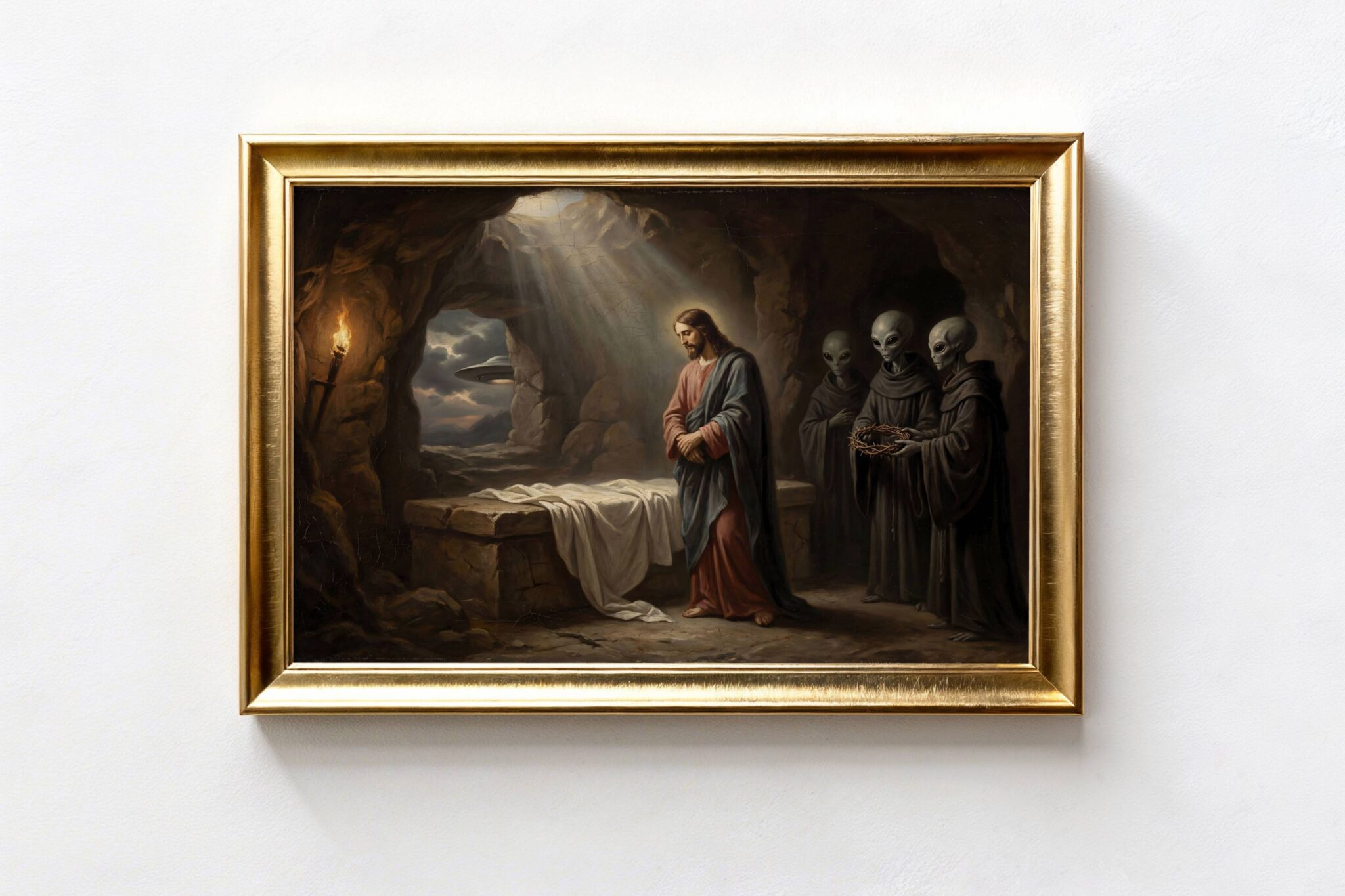 Renaissance digital oil painting of the Resurrection featuring grey extraterrestrial beings – risen Christ with halo stands before an empty tomb draped in white linen, three grey aliens with elongated heads and large black eyes hold a crown of thorns, a flying saucer hovers in the stormy sky beyond the cave entrance, torch-lit ancient setting, ancient alien theory meets classical religious iconography