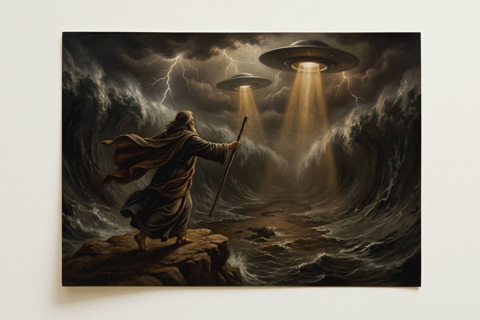Renaissance oil painting style poster reimagining the parting of the Red Sea with extraterrestrial intervention – Moses in flowing robes holds a staff as the sea splits before him, two metallic flying saucers hover above emitting powerful light beams, dramatic storm clouds and lightning bolts surround the scene, ancient aliens meet Old Testament iconography
