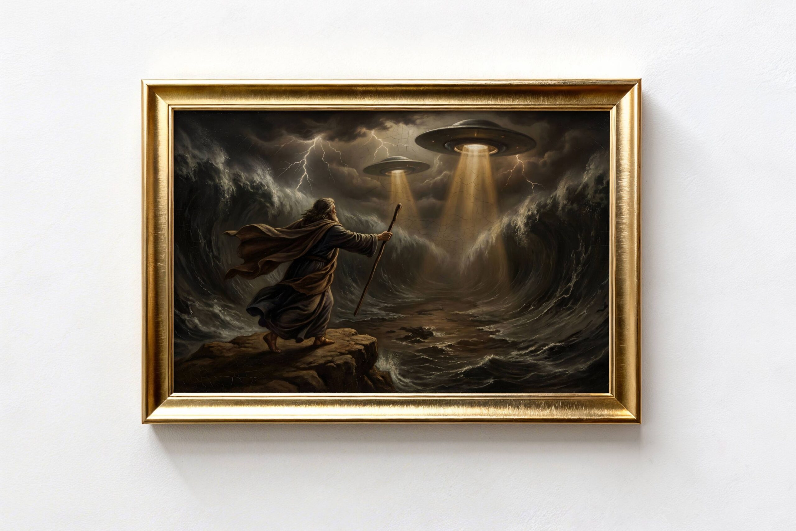 Renaissance digital oil painting of Moses parting the Red Sea with UFO intervention – a bearded robed prophet stands on rocky ground raising a wooden staff as massive waves part on either side, two silver disc-shaped flying saucers descend through dark storm clouds with golden traction beams illuminating the path, lightning strikes across the dramatic sky, ancient alien theory reinterpretation of a biblical miracle, cracked oil painting texture throughout