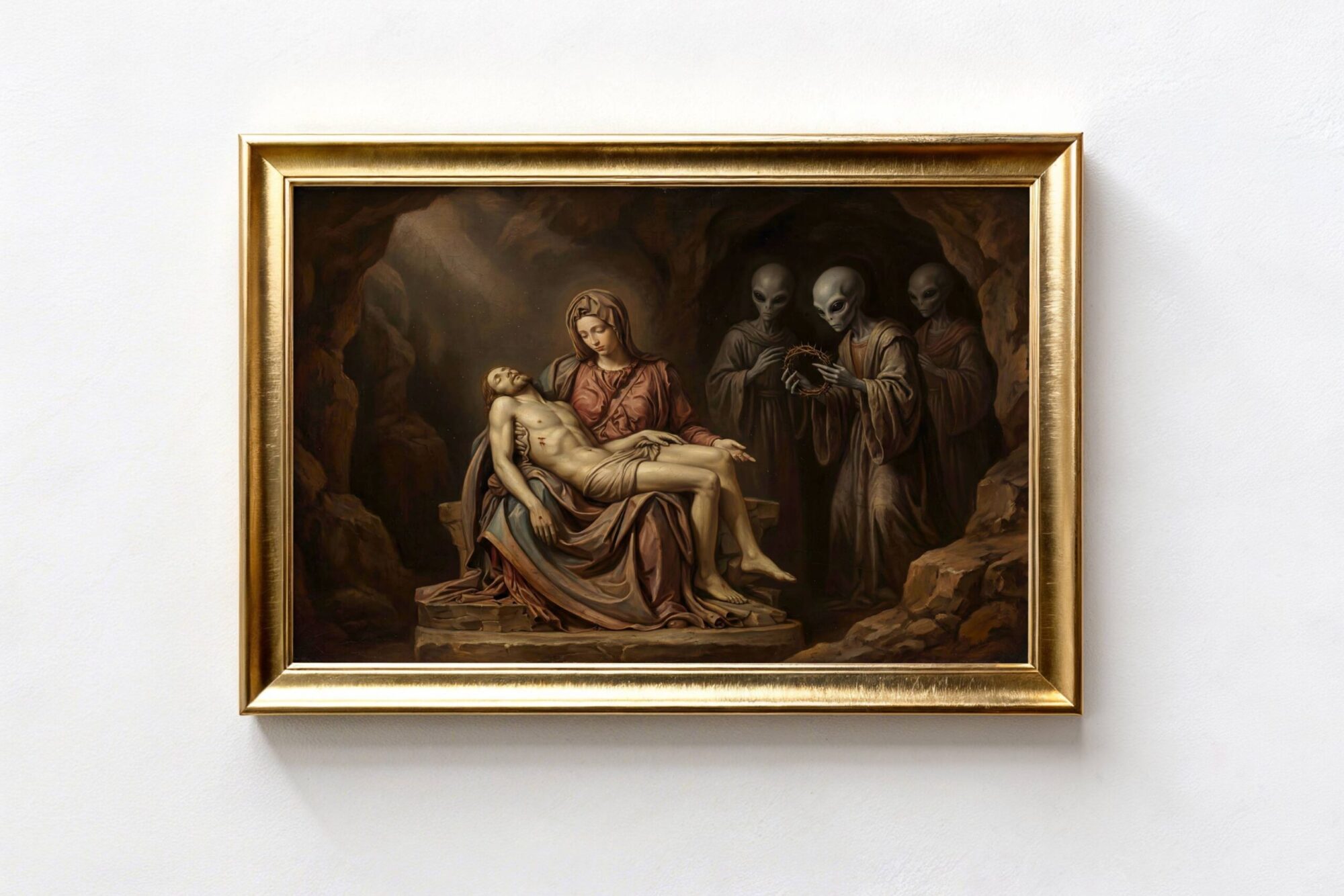 Renaissance oil painting style digital artwork depicting the Pietà with grey aliens – extraterrestrial beings with large black eyes and elongated heads hold a crown of thorns beside the Virgin Mary cradling Jesus, ancient alien theory meets classical art, dark dramatic composition