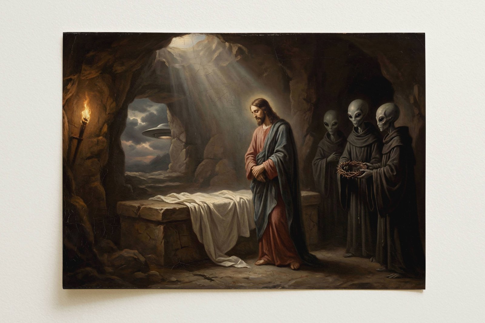 Renaissance oil painting style poster reimagining the Resurrection of Christ with ancient alien theory – Jesus stands in a cave tomb illuminated by divine light, three grey aliens in robes present a crown of thorns, a flying saucer UFO visible through the cave opening amongst dramatic storm clouds