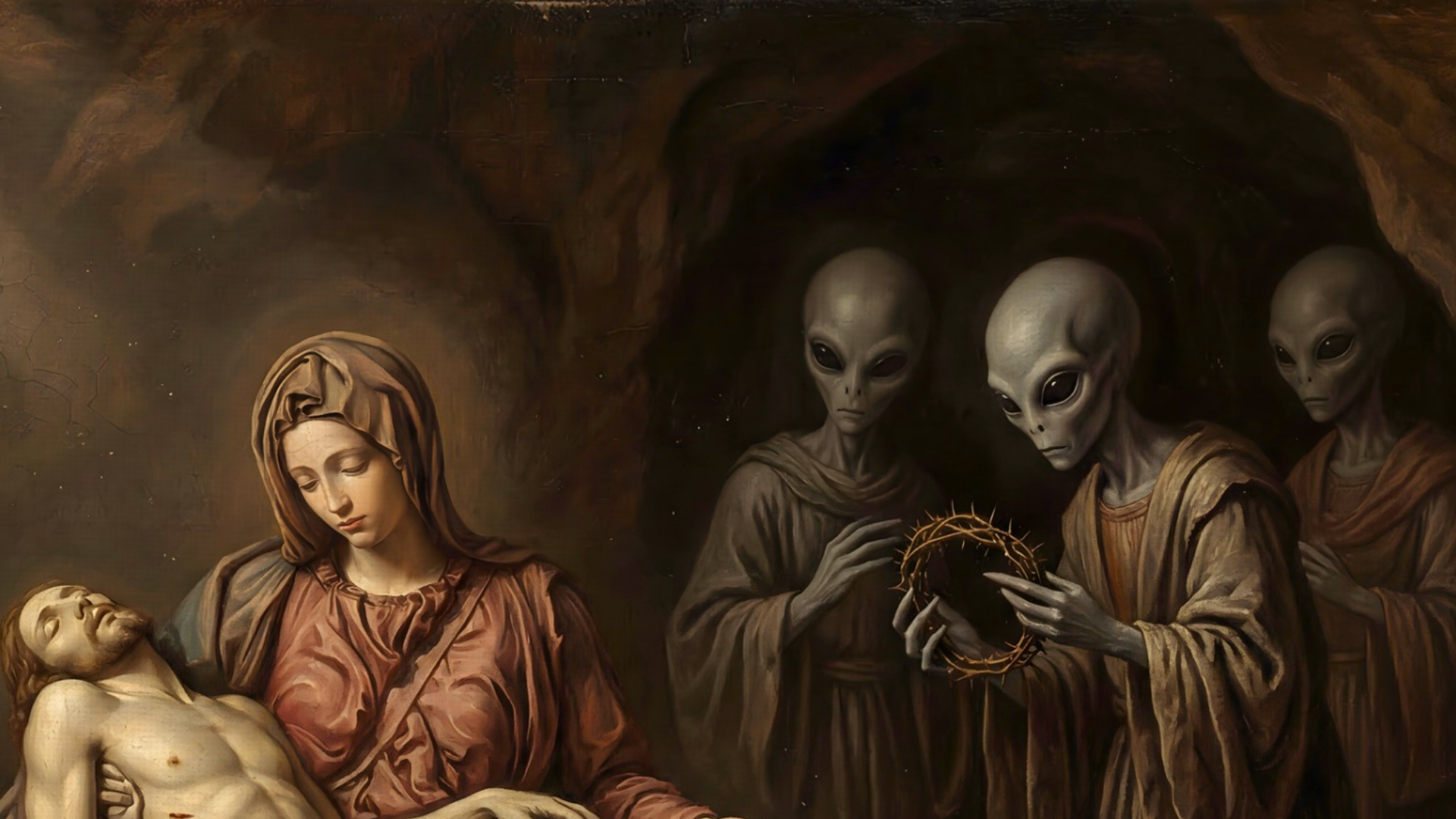 Renaissance-style Pietà painting reimagined with extraterrestrial beings – the Virgin Mary cradles the body of Christ whilst three grey aliens with large black eyes stand witness, one holding a crown of thorns