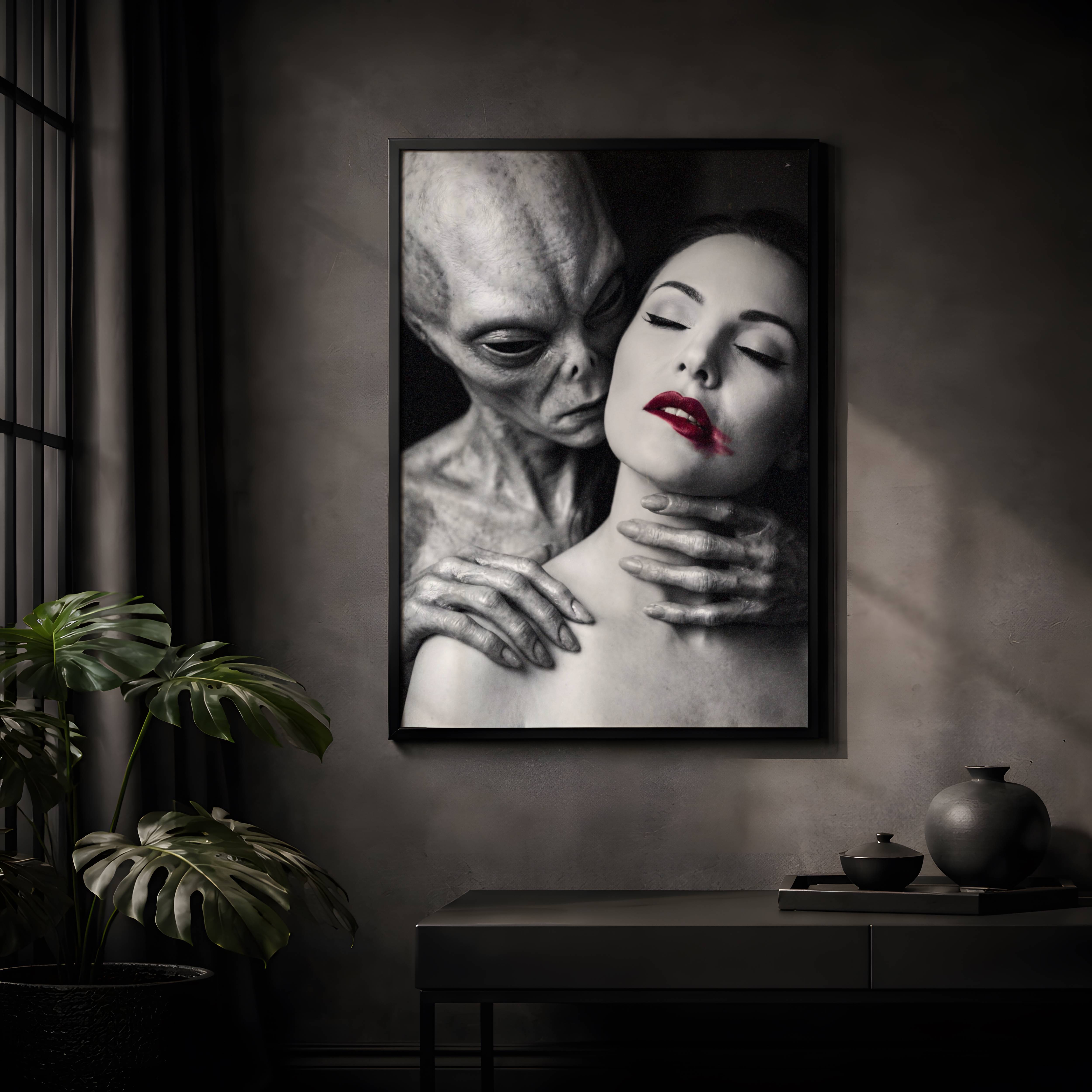 Deeply atmospheric black and white portrait of a grey alien embracing a serene bare-shouldered woman with vivid red lips, blending sci-fi tension with dark romantic noir aesthetics – unframed alien art poster, ufoposter.com