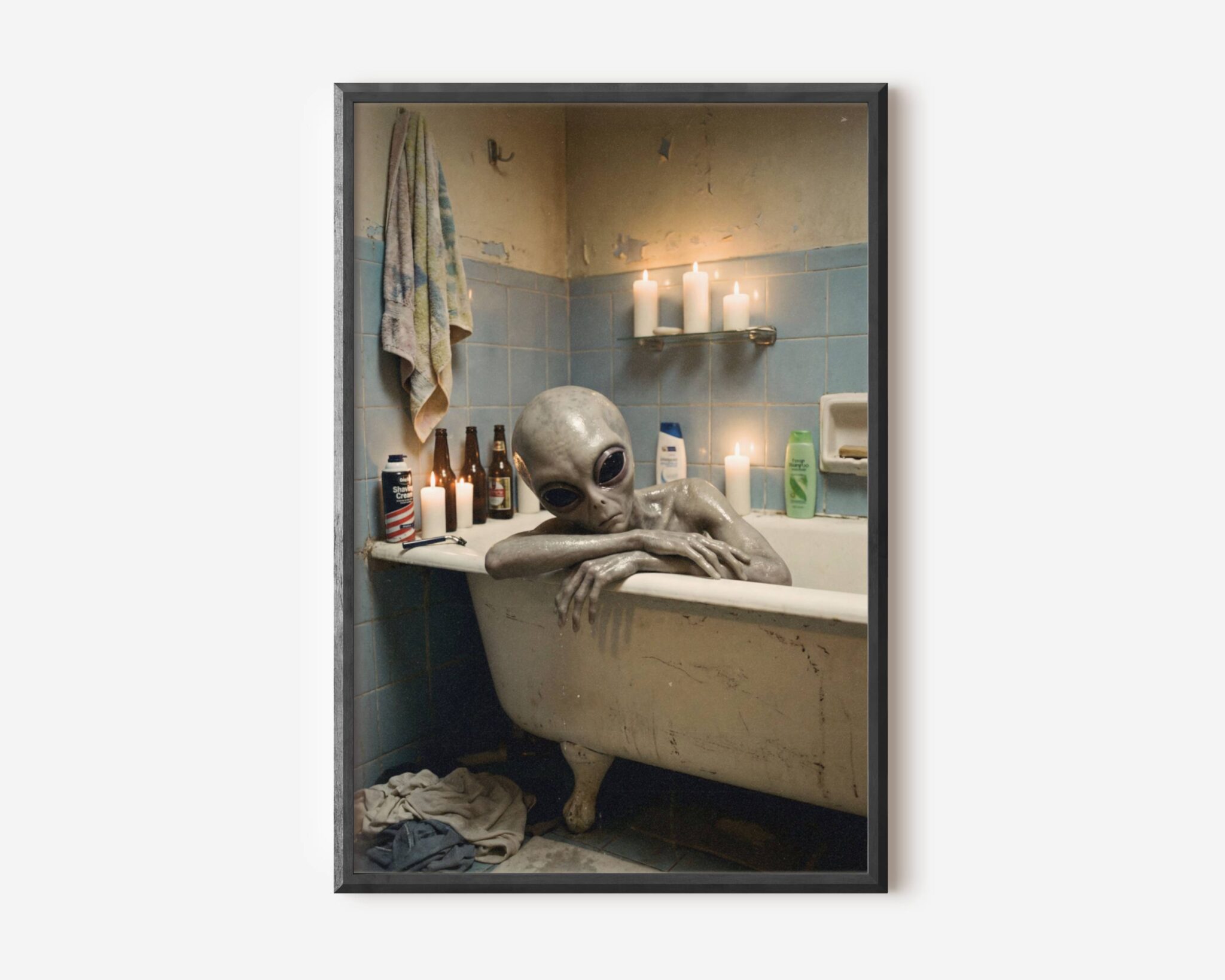 Premium funny sci-fi poster of a grey alien soaking in a clawfoot bathtub in a rundown candlelit bathroom surrounded by beer bottles and toiletries, staring directly at the viewer with quiet exhaustion – unframed alien art poster, ufoposter.com