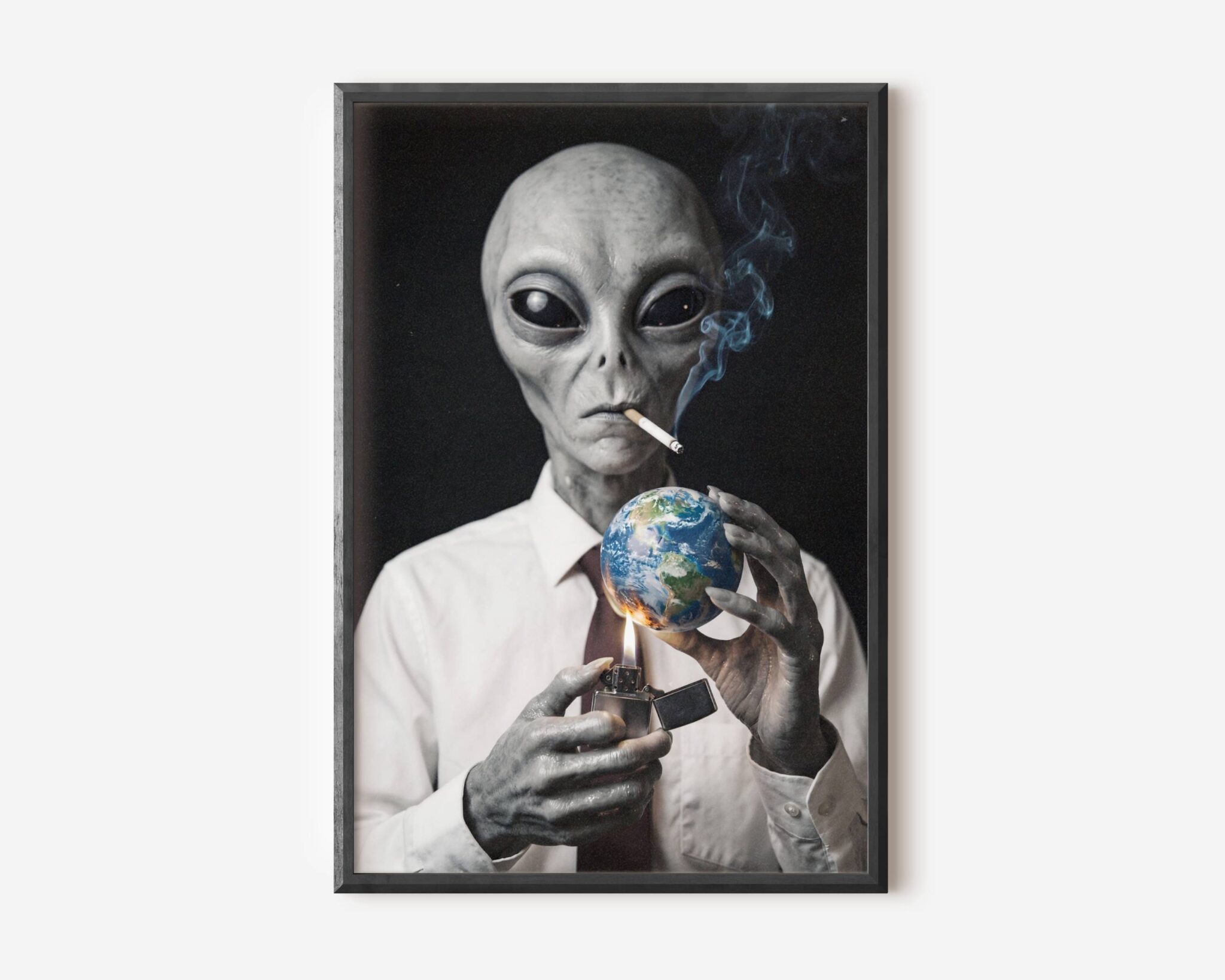Premium dark concept poster of a suited grey alien smoking and setting the Earth on fire with a zippo lighter, blending dark humour with bold sci-fi social commentary in a striking portrait – unframed alien art poster, ufoposter.com