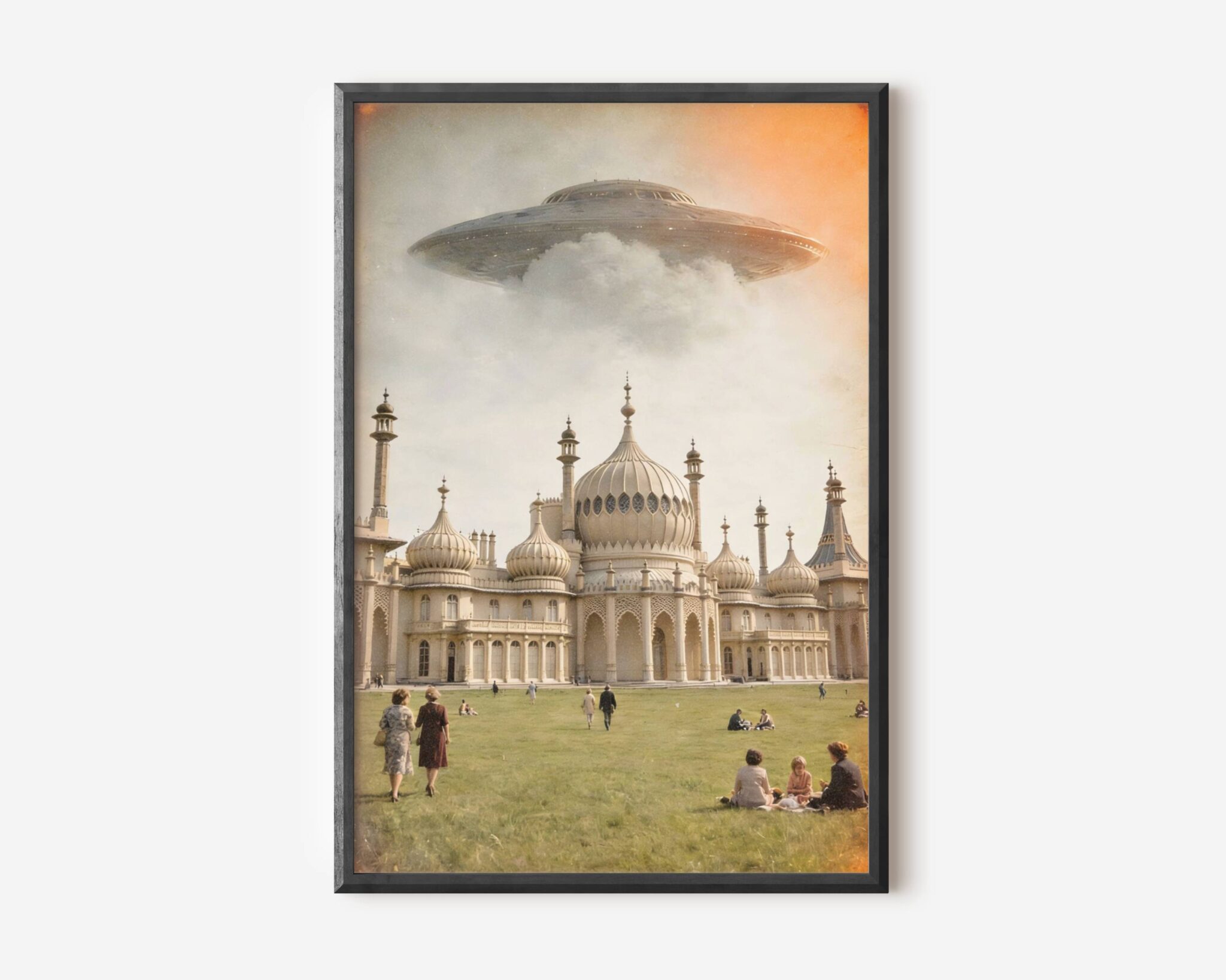 Premium retro sci-fi poster of a large UFO hovering in warm golden skies directly above the Brighton Royal Pavilion, visitors picnicking on the lawns in a beautifully atmospheric vintage composition – unframed alien art poster, ufoposter.com
