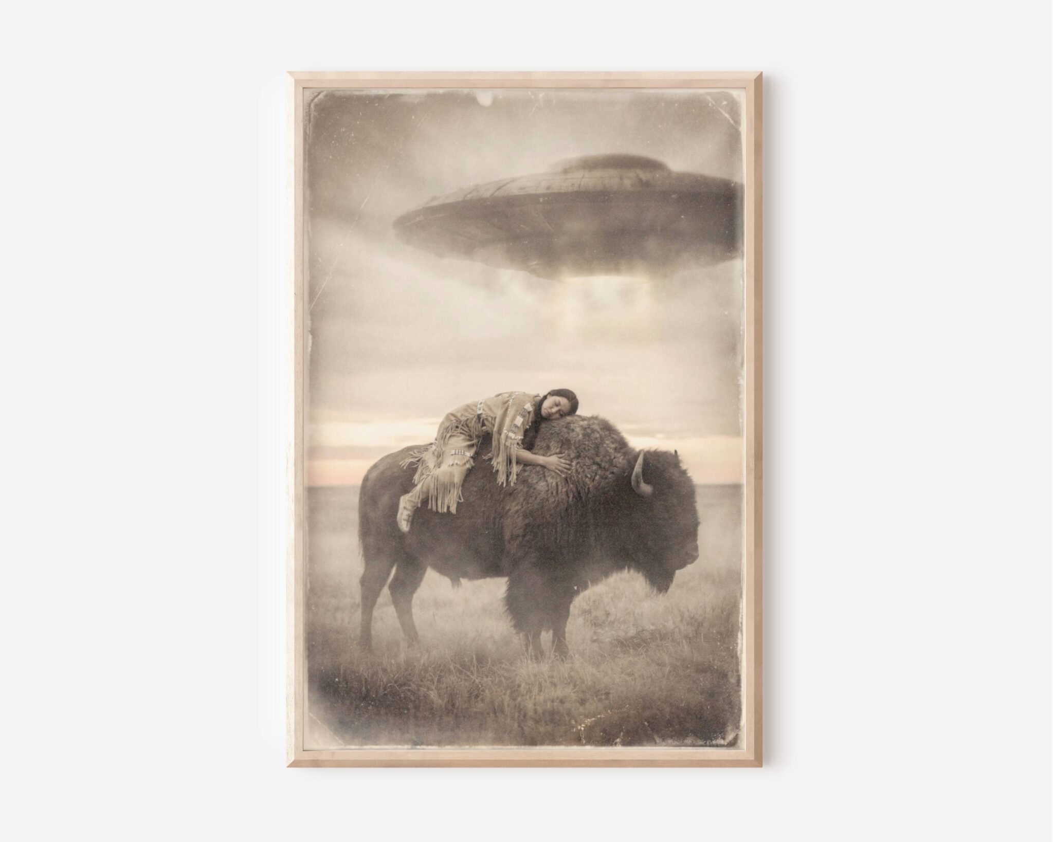 Sepia-toned fine art print styled as a vintage photograph, showing a Native American woman in fringed traditional clothing lying peacefully draped across the back of a large bison standing on a misty prairie, her eyes closed and cheek resting against the animal's thick fur, as a massive UFO spacecraft hovers silently through hazy storm clouds above. Printed on premium matte paper with an aged, weathered texture that evokes the look of a nineteenth century archival photograph.