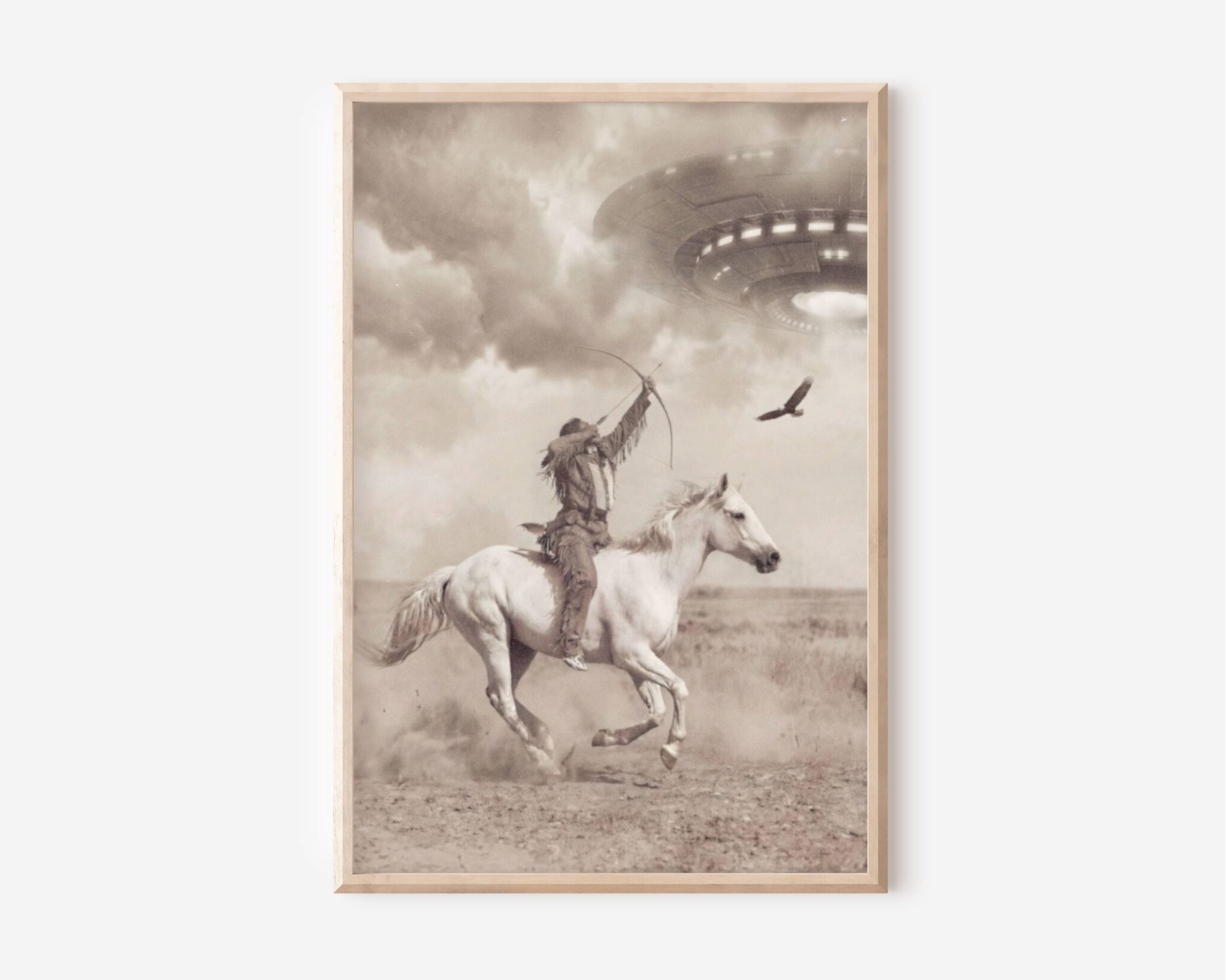 Sepia-toned fine art print styled as a vintage photograph, showing a Native American warrior on a galloping white horse drawing a bow toward a massive illuminated UFO spacecraft hovering through dramatic storm clouds, with an eagle in flight beside him over a dusty open prairie. Printed on premium matte paper with an aged, weathered texture that evokes the look of a nineteenth century archival photograph.