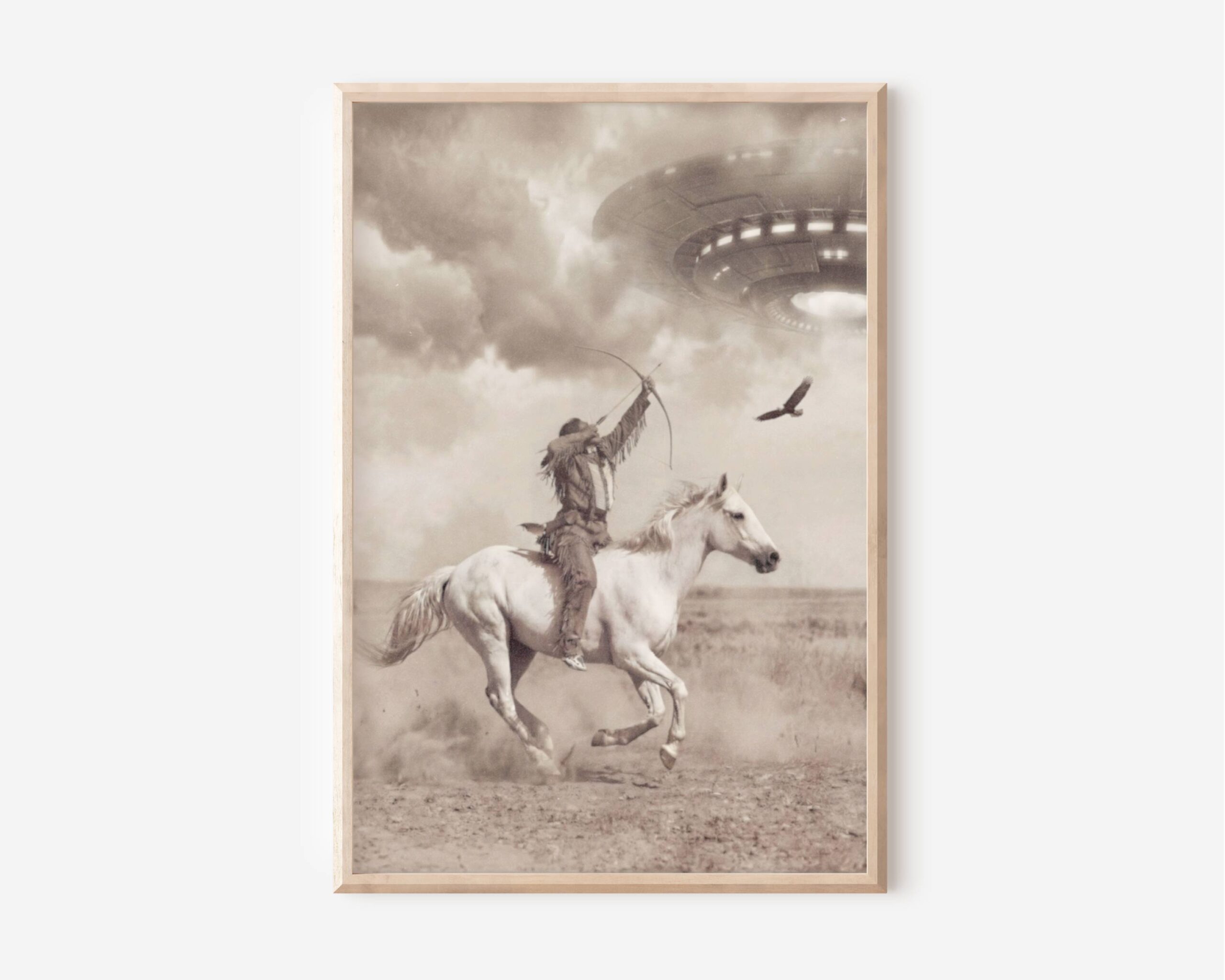 Sepia-toned fine art print styled as a vintage photograph, showing a Native American warrior on a galloping white horse drawing a bow toward a massive illuminated UFO spacecraft hovering through dramatic storm clouds, with an eagle in flight beside him over a dusty open prairie. Printed on premium matte paper with an aged, weathered texture that evokes the look of a nineteenth century archival photograph.