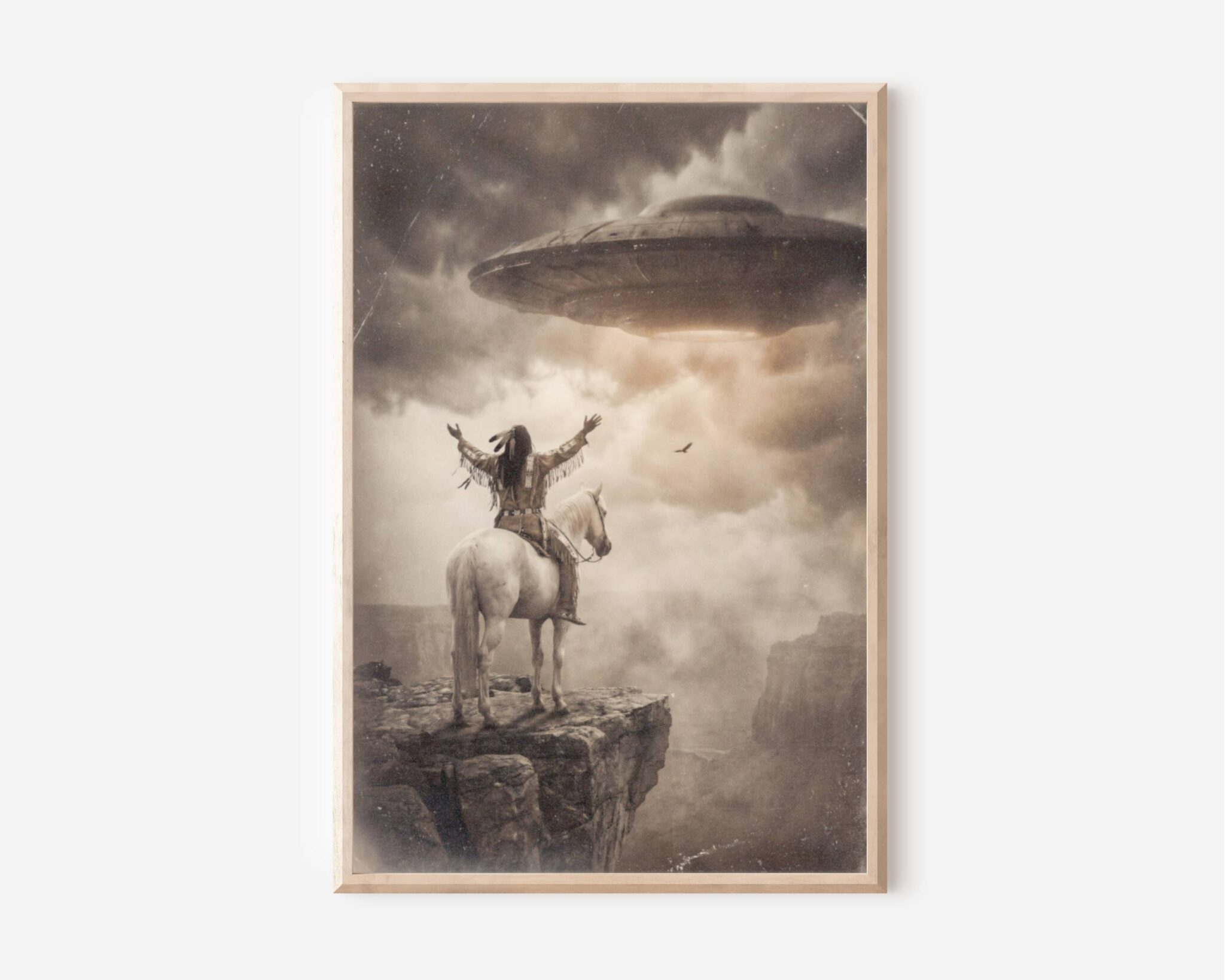 Sepia-toned fine art print styled as a vintage photograph, showing a Native American warrior on a white horse standing on the edge of a dramatic canyon cliff, arms raised wide in greeting or reverence toward a massive UFO spacecraft glowing through swirling storm clouds above, with an eagle soaring in the mist beside him. Printed on premium matte paper with an aged, weathered texture that evokes the look of a nineteenth century archival photograph.