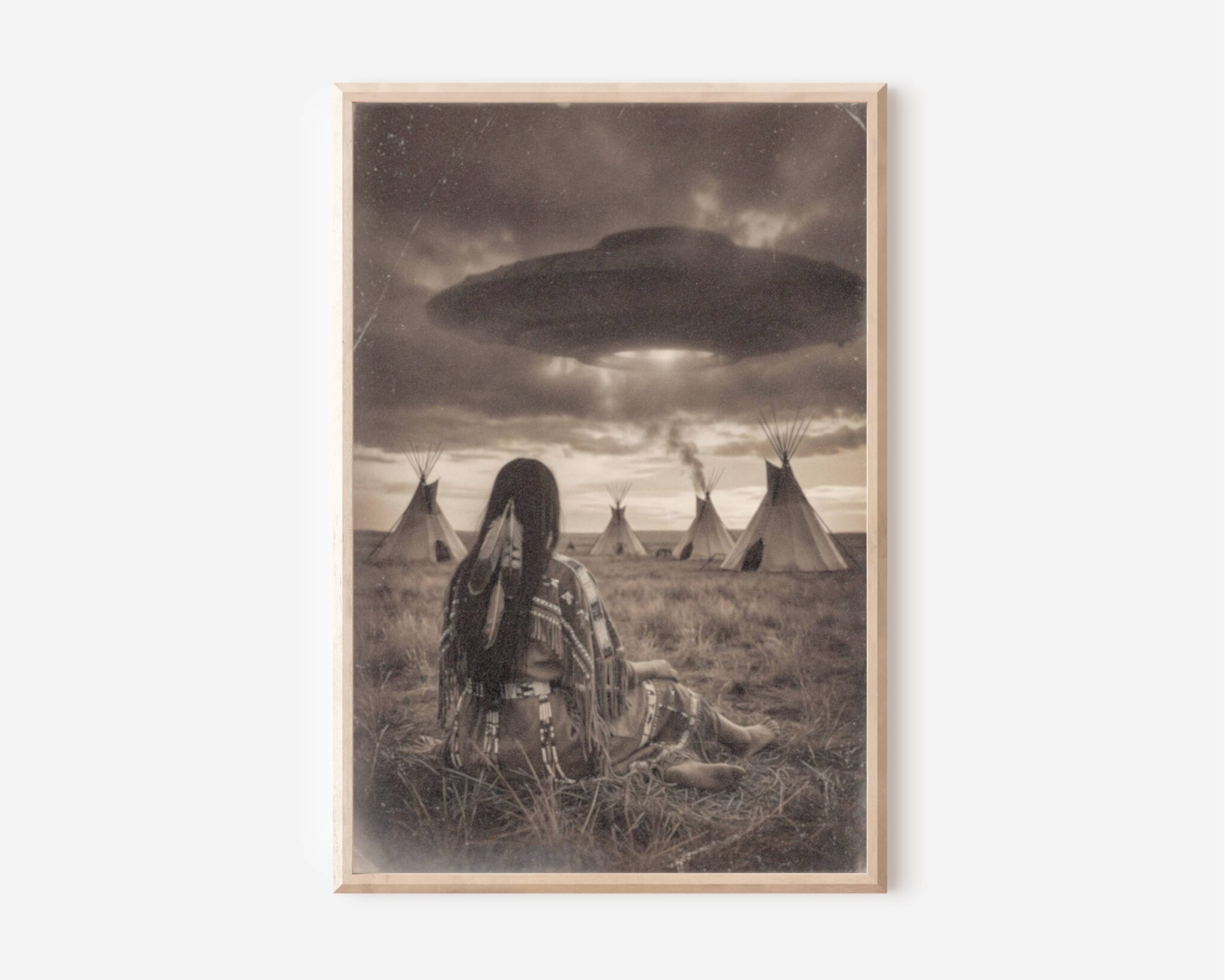 Sepia-toned fine art print styled as a vintage photograph, showing a Native American woman seated on a prairie grass, her back to the viewer, wearing traditional fringed and beaded clothing, gazing toward a village of tepees with smoke rising as a massive dark UFO hovers silently through dramatic storm clouds above. Printed on premium matte paper with an aged, weathered texture that evokes the look of a nineteenth century archival photograph.