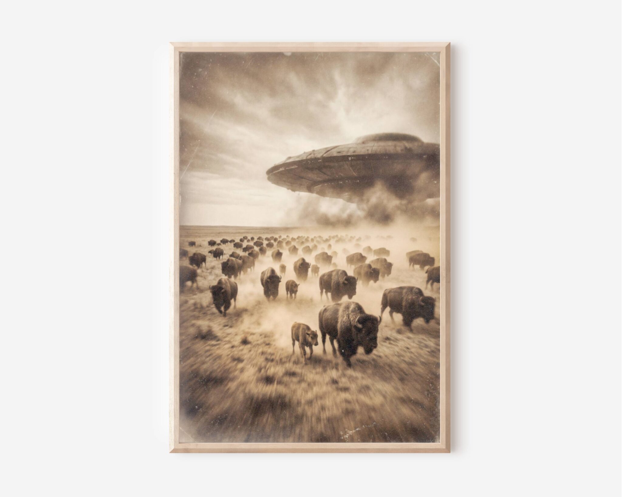 Sepia-toned fine art print styled as a vintage photograph, showing a vast herd of bison stampeding across an open American prairie in a cloud of dust, as a massive UFO spacecraft looms low through swirling smoke and storm clouds on the horizon. Printed on premium matte paper with an aged, weathered texture that evokes the look of a nineteenth century archival photograph.
