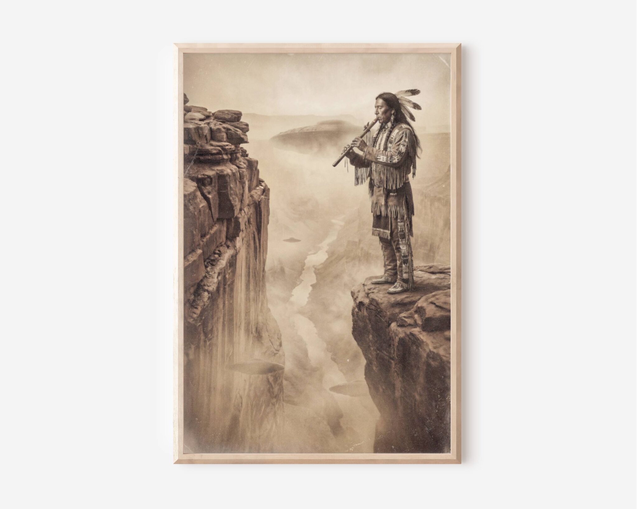 Sepia-toned fine art print styled as a vintage photograph, showing a Native American man in full traditional dress including a feathered headdress and fringed beaded clothing, standing on the edge of a dramatic canyon cliff playing a flute, as a UFO spacecraft hovers silently in the misty valley below and another partially visible in the haze behind him. Printed on premium matte paper with an aged, weathered texture that evokes the look of a nineteenth century archival photograph.