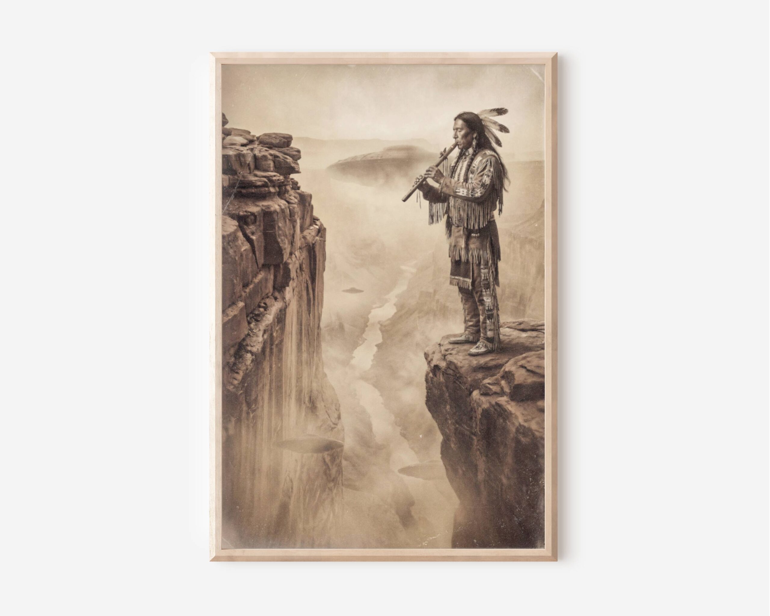 Sepia-toned fine art print styled as a vintage photograph, showing a Native American man in full traditional dress including a feathered headdress and fringed beaded clothing, standing on the edge of a dramatic canyon cliff playing a flute, as a UFO spacecraft hovers silently in the misty valley below and another partially visible in the haze behind him. Printed on premium matte paper with an aged, weathered texture that evokes the look of a nineteenth century archival photograph.