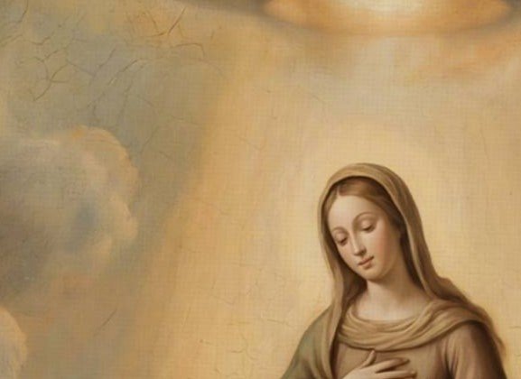 Close-up of a Renaissance-style painting depicting the Assumption of the Virgin Mary beneath a hovering flying saucer – the Virgin floats upwards in a powerful golden UFO traction beam whilst four grey extraterrestrial beings in robes kneel in worship on either side, dark storm clouds fill the background