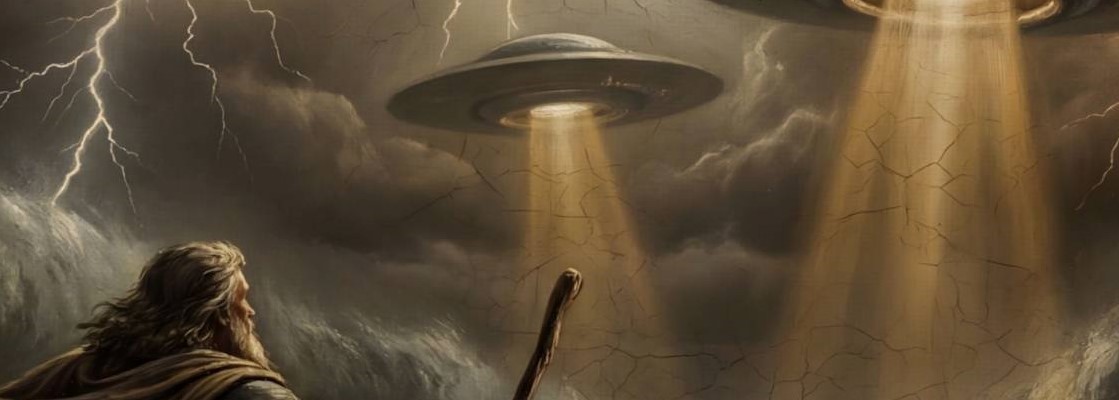 Close-up of a Renaissance-style painting depicting Moses parting the Red Sea – a robed figure with a staff stands on rocks before towering waves whilst two flying saucers beam light down from a stormy lightning-filled sky, ancient alien theory meets biblical narrative