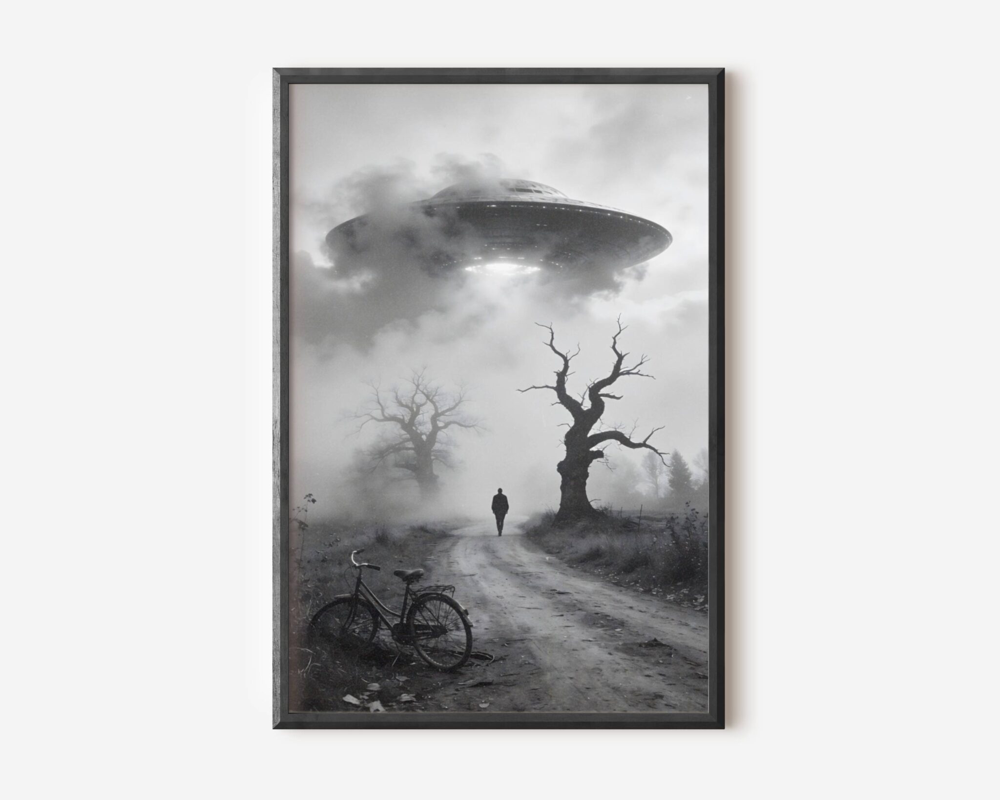 Premium dark landscape poster of a lone figure abandoning his bicycle on a foggy country road and walking toward a giant glowing UFO descending through storm clouds over a desolate winter landscape – unframed alien art poster, ufoposter.com