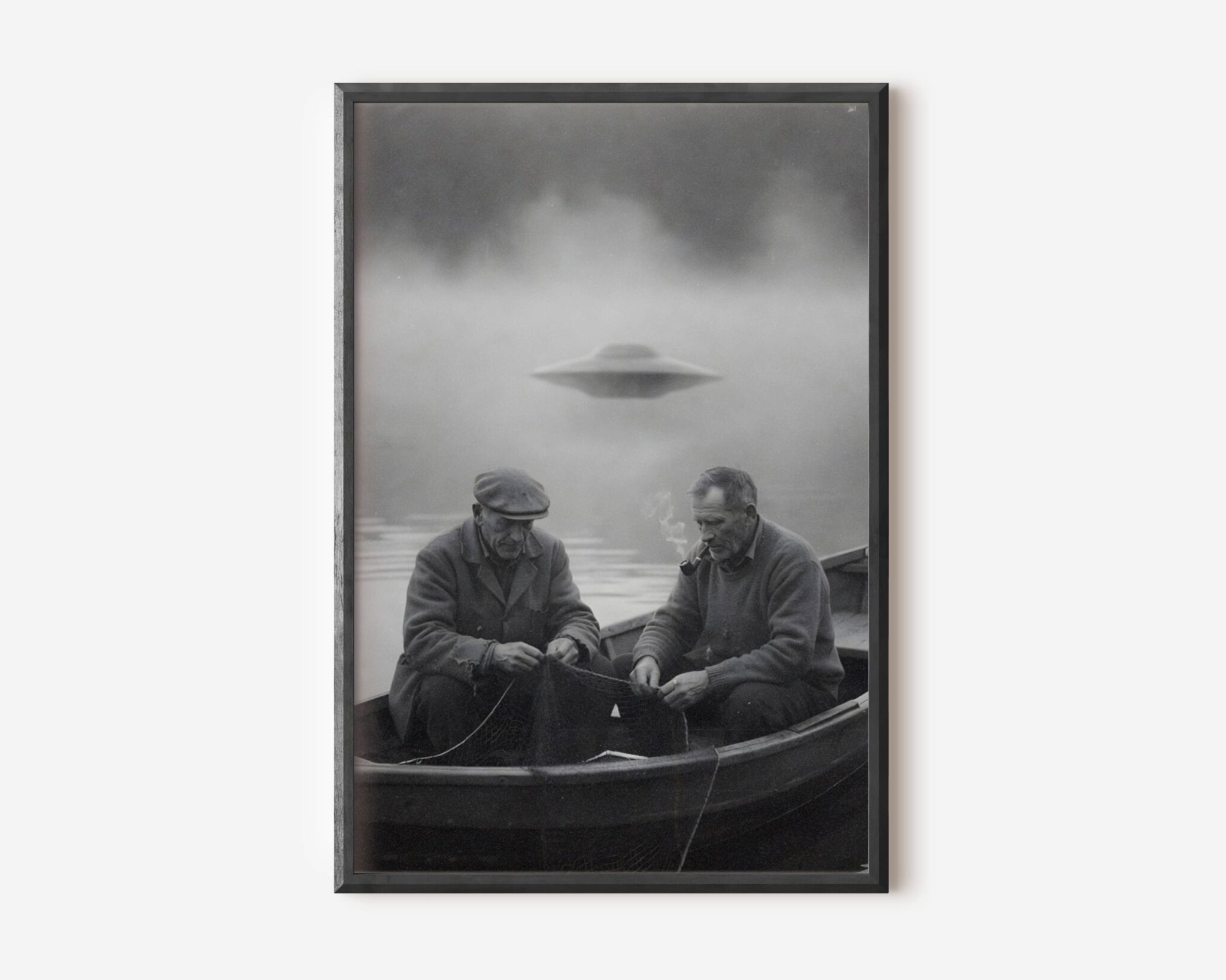 Premium dark vintage poster of two old fishermen in a wooden rowing boat calmly working while a massive UFO emerges ghostlike from thick fog above a misty lake – a darkly humorous and atmospheric sci-fi composition – unframed alien art poster, ufoposter.com
