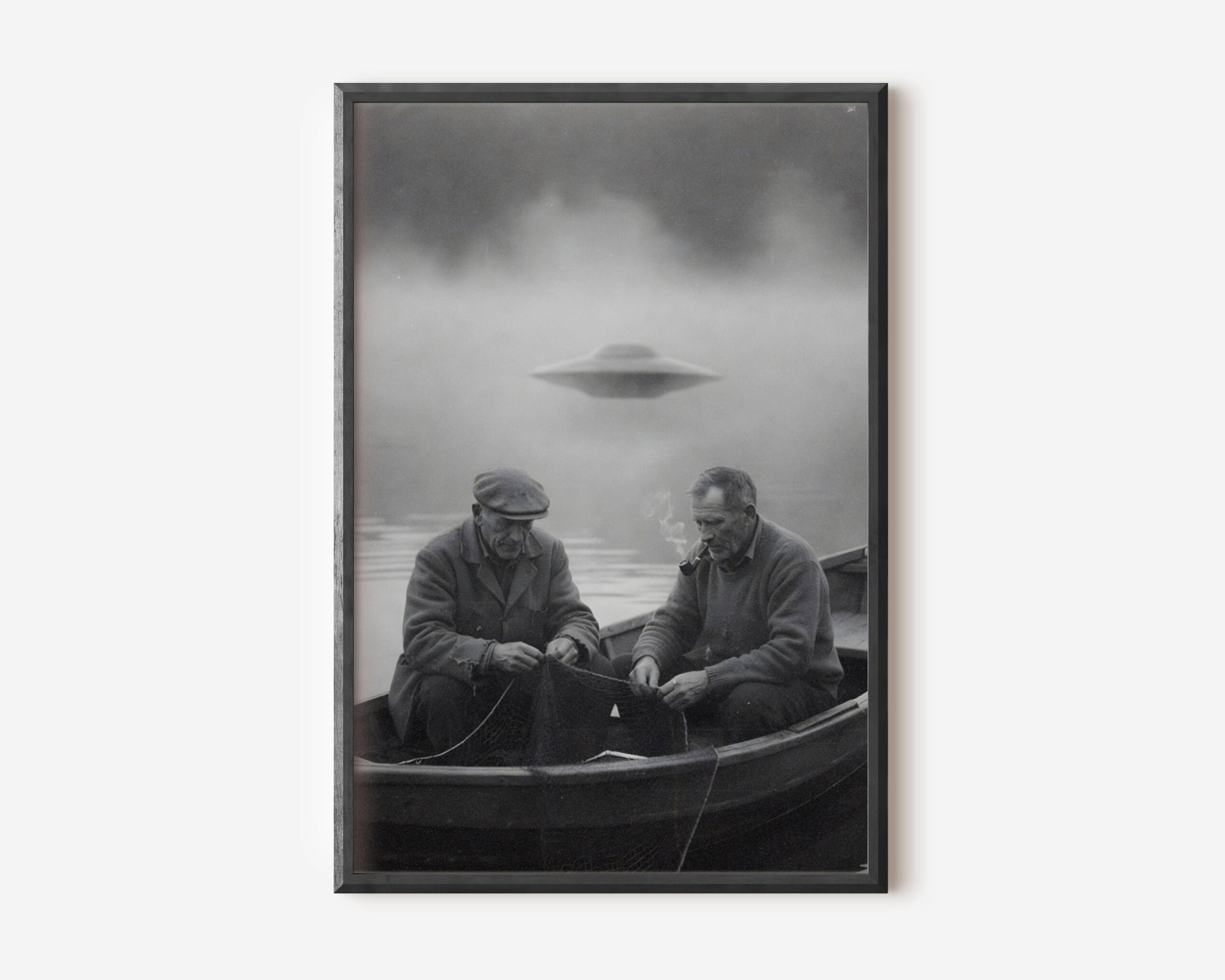 Premium dark vintage poster of two old fishermen in a wooden rowing boat calmly working while a massive UFO emerges ghostlike from thick fog above a misty lake – a darkly humorous and atmospheric sci-fi composition – unframed alien art poster, ufoposter.com