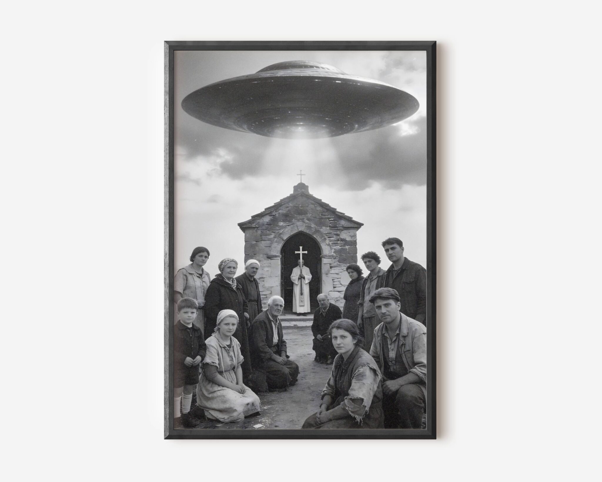 Premium dark vintage poster of a rural community posing with a priest outside a stone chapel as a massive UFO hovers directly overhead, blending retro photography with dark sci-fi in a deeply atmospheric composition – unframed alien art poster, ufoposter.com