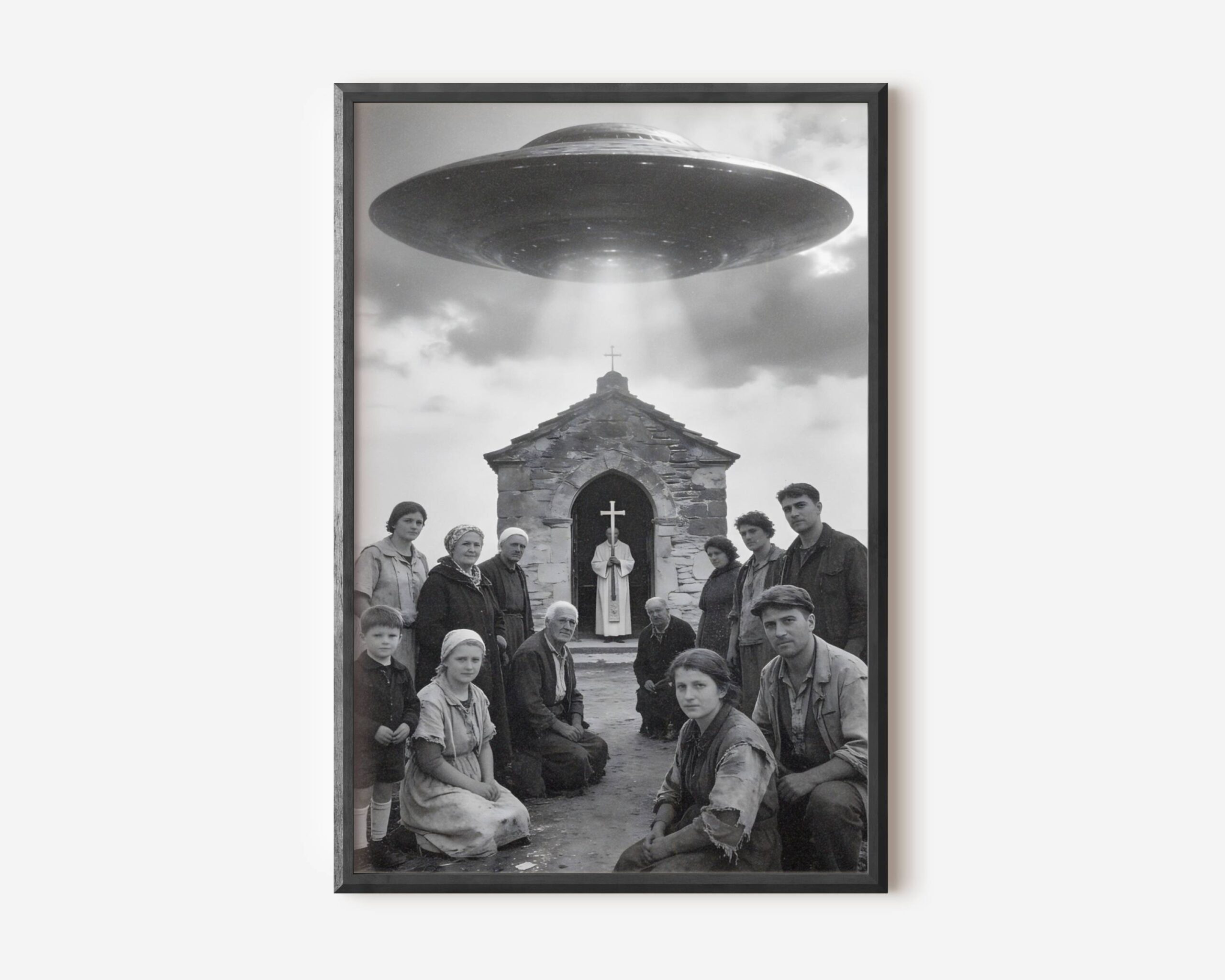 Premium dark vintage poster of a rural community posing with a priest outside a stone chapel as a massive UFO hovers directly overhead, blending retro photography with dark sci-fi in a deeply atmospheric composition – unframed alien art poster, ufoposter.com