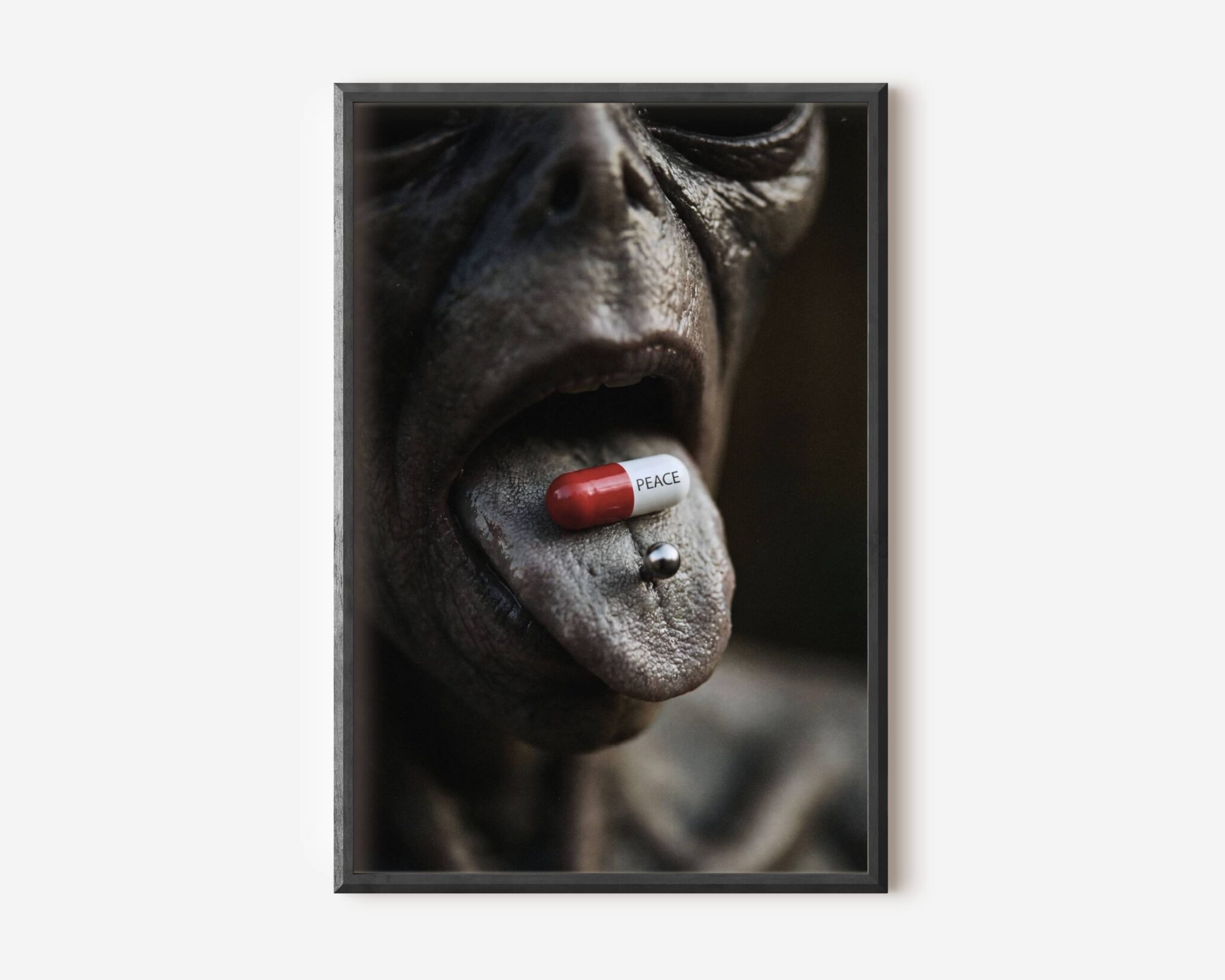 Premium dark concept poster featuring a monstrous horned alien with a pierced tongue and a PEACE capsule, blending dark sci-fi satire with unsettling macro portrait photography – unframed alien art poster, ufoposter.com