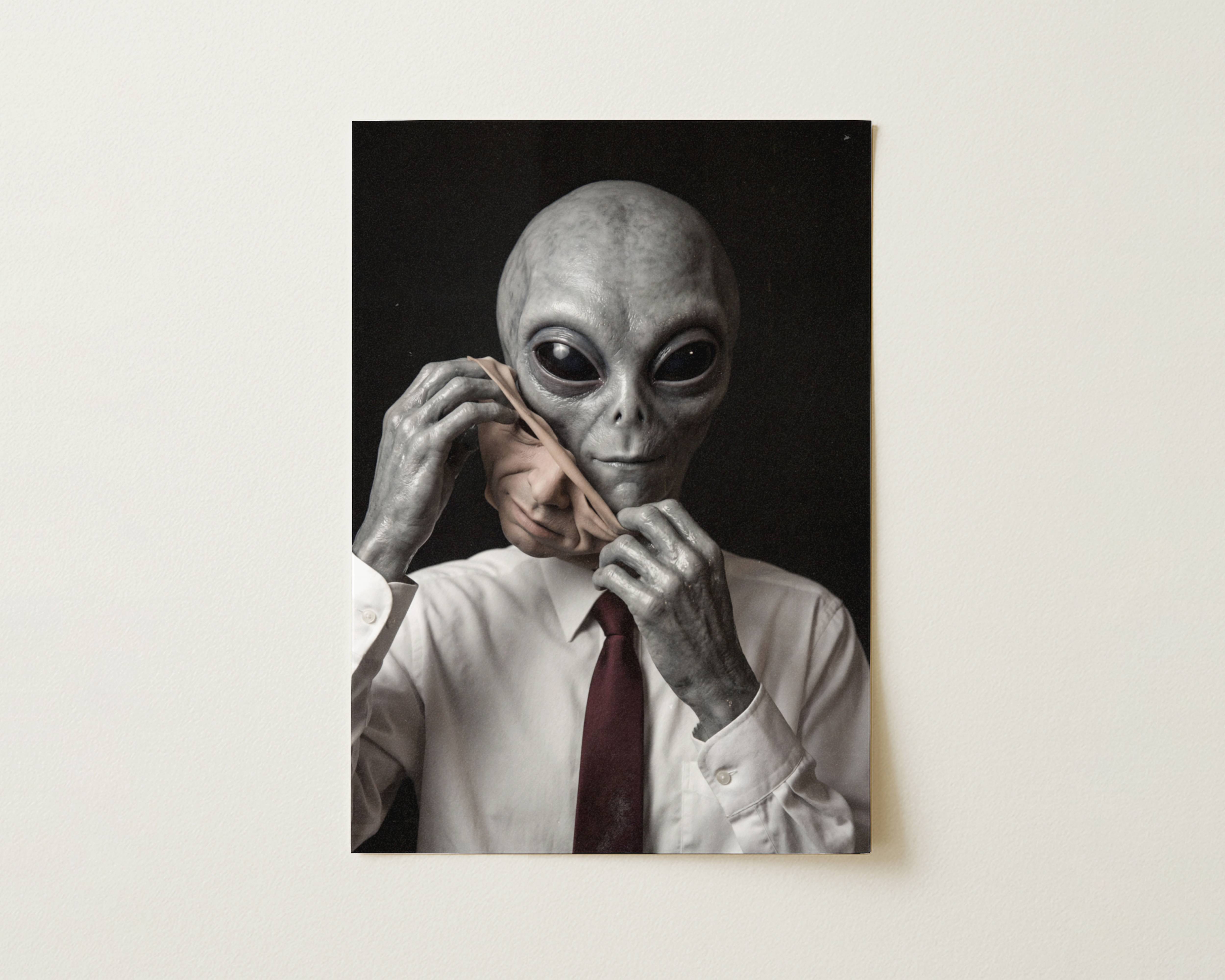 Flat print dark portrait of a grey alien in formal attire peeling off a human face mask with long alien fingers – high quality unframed flat poster print, ufoposter.com